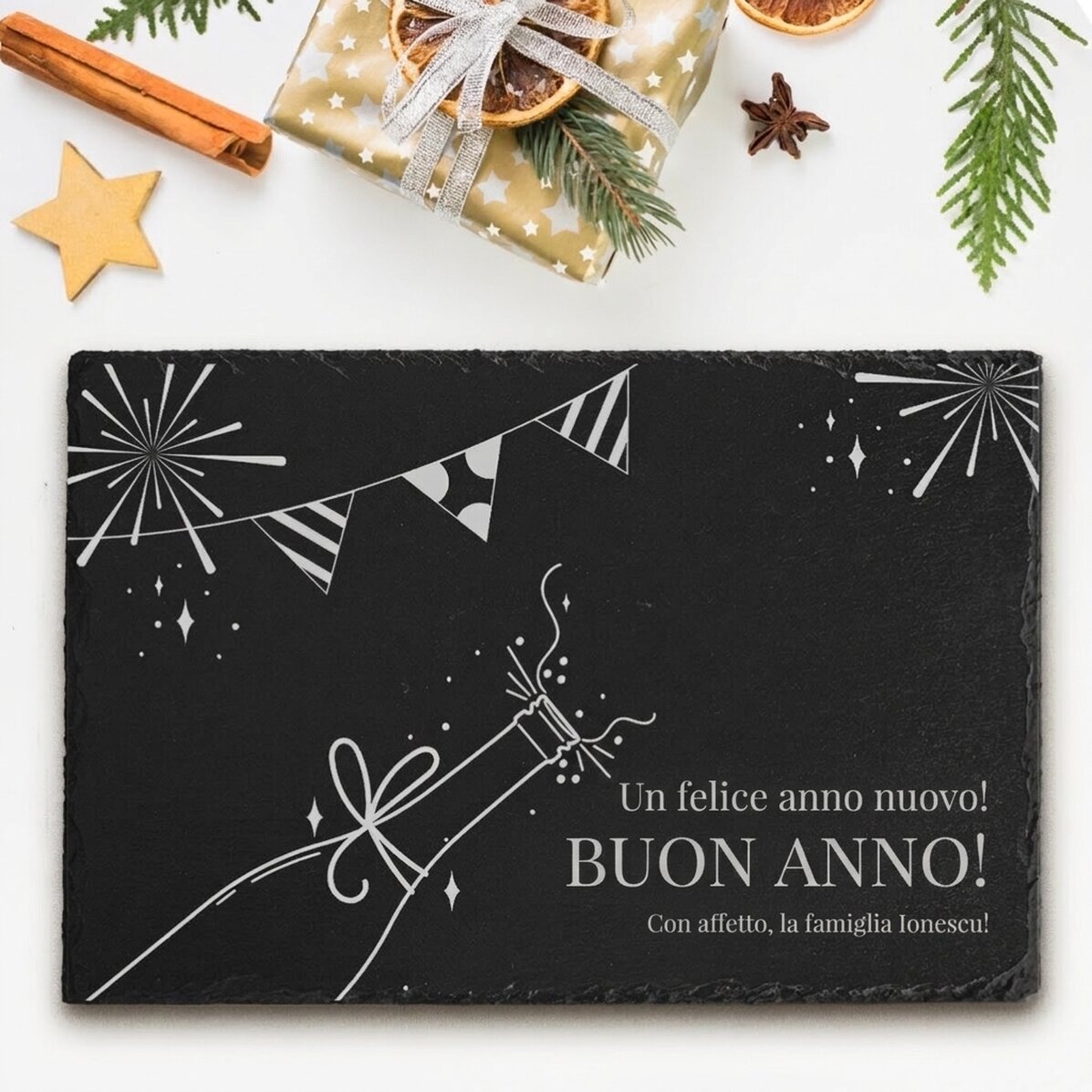 Tavola di ardesia incisa con testo personalizzato - Buon compleanno!