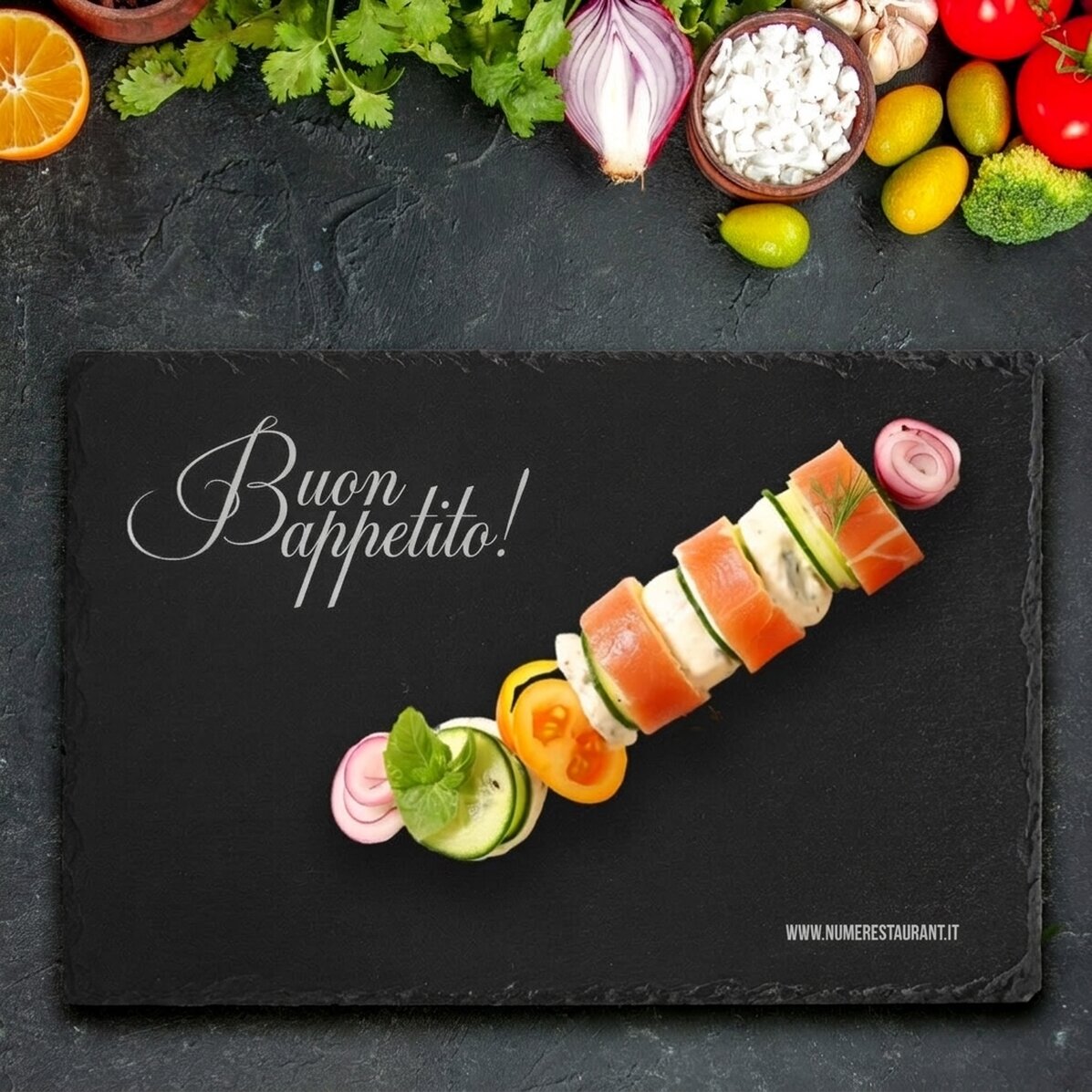 Tavola di ardesia incisa con testo personalizzato - Buon appetito - Ristorante