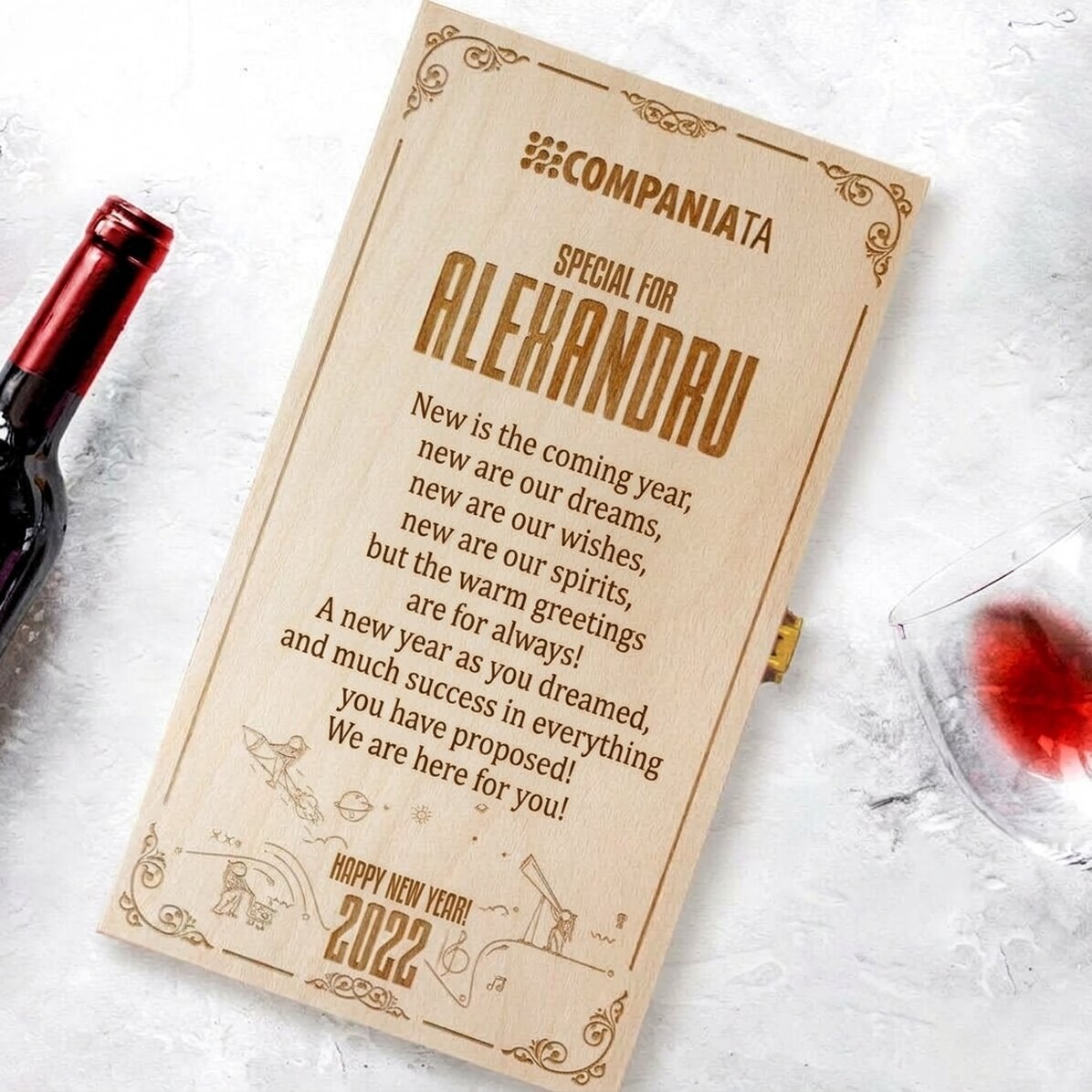 Confezione personalizzata per due bottiglie di vino con logo e messaggio - Buon compleanno!