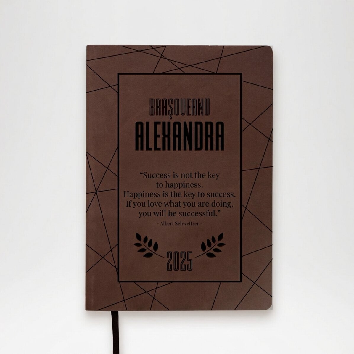 Agenda in pelle personalizzata con una citazione motivazionale sul successo