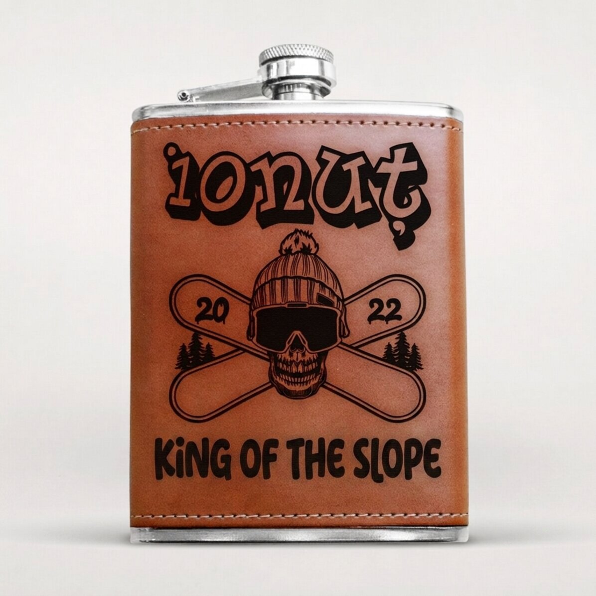 Fiaschetta da tasca rivestita in pelle e personalizzata con il nome - Skull Snowboard
