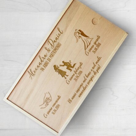 Scatola regalo personalizzata in legno con i momenti salienti del matrimonio