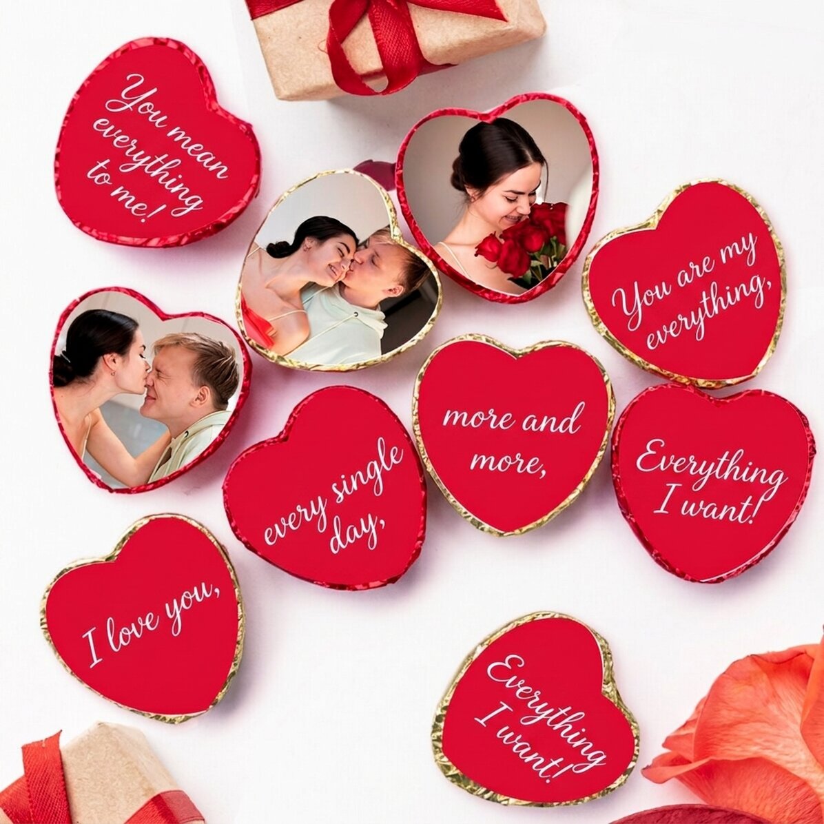 Set di 10 mini cioccolatini a forma di cuore personalizzati con foto e testo - Messaggio nascosto