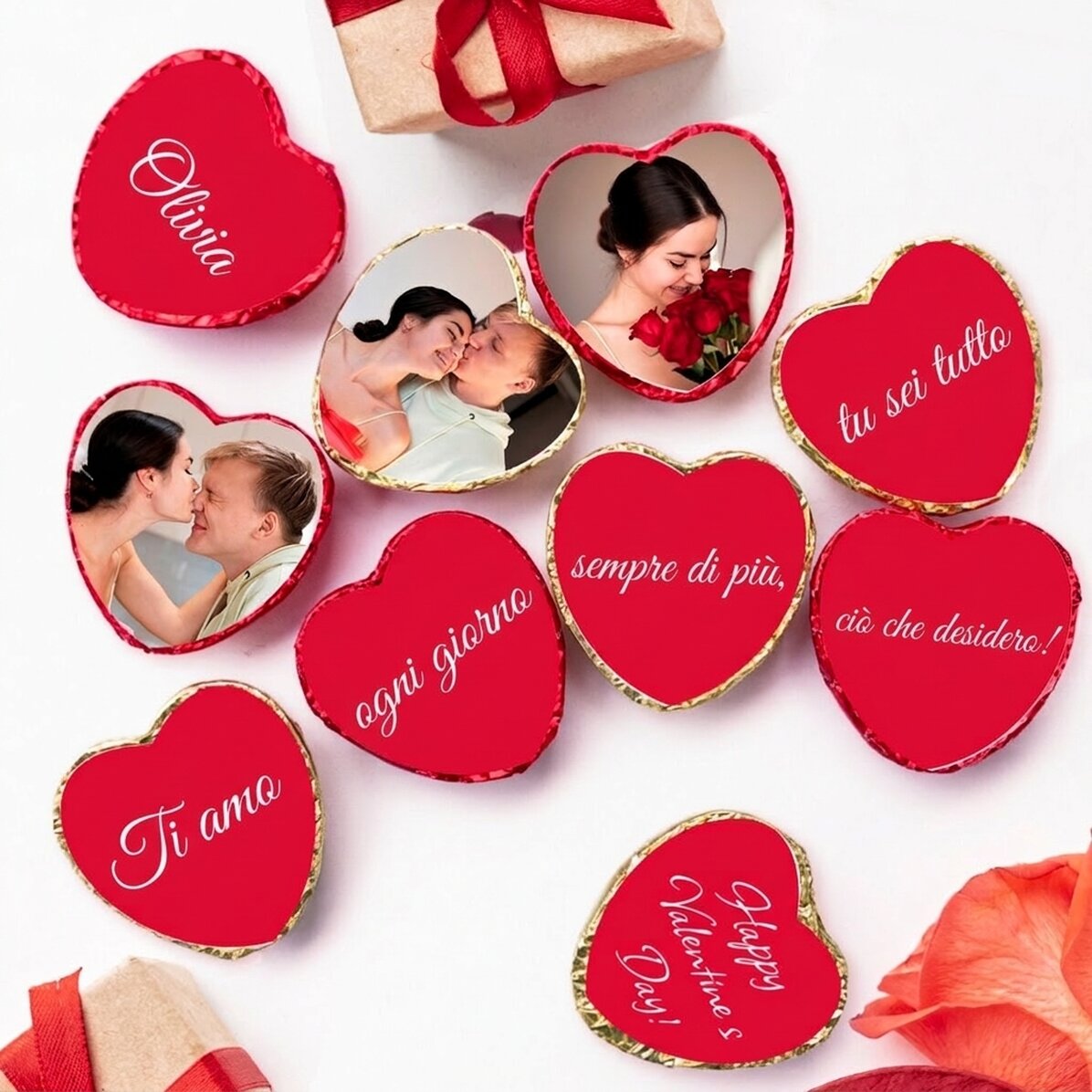 Set di 10 mini cioccolatini a forma di cuore personalizzati con foto e testo - Messaggio nascosto