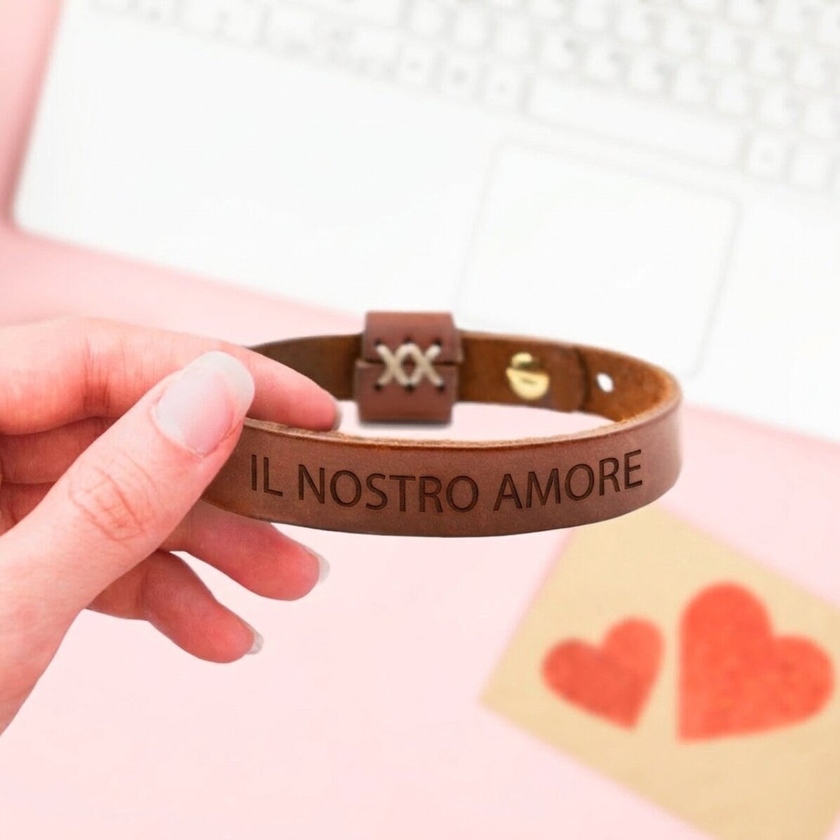 Braccialetto in pelle personalizzato con 2 iniziali - Cuore