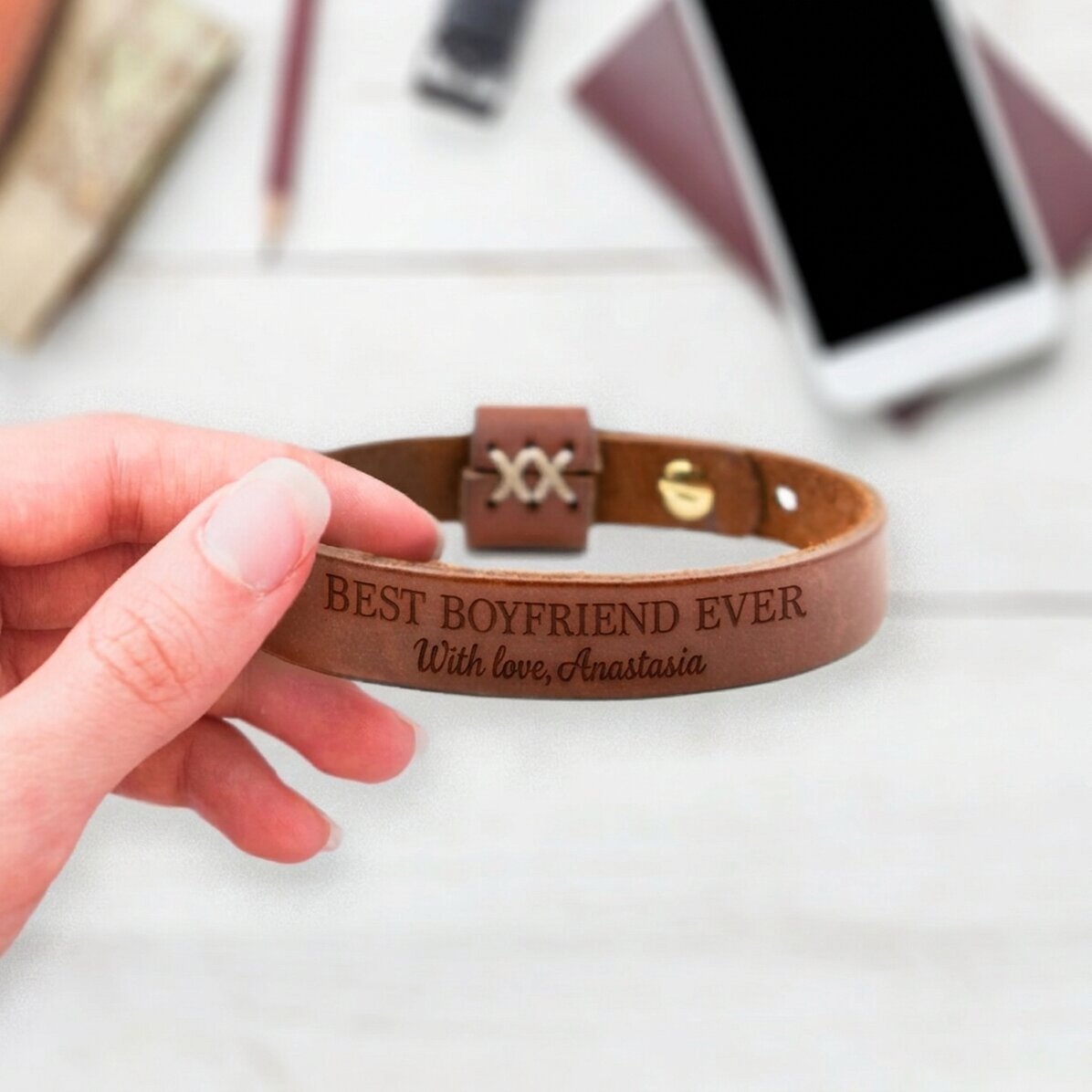Braccialetto in pelle personalizzato con messaggio - With love