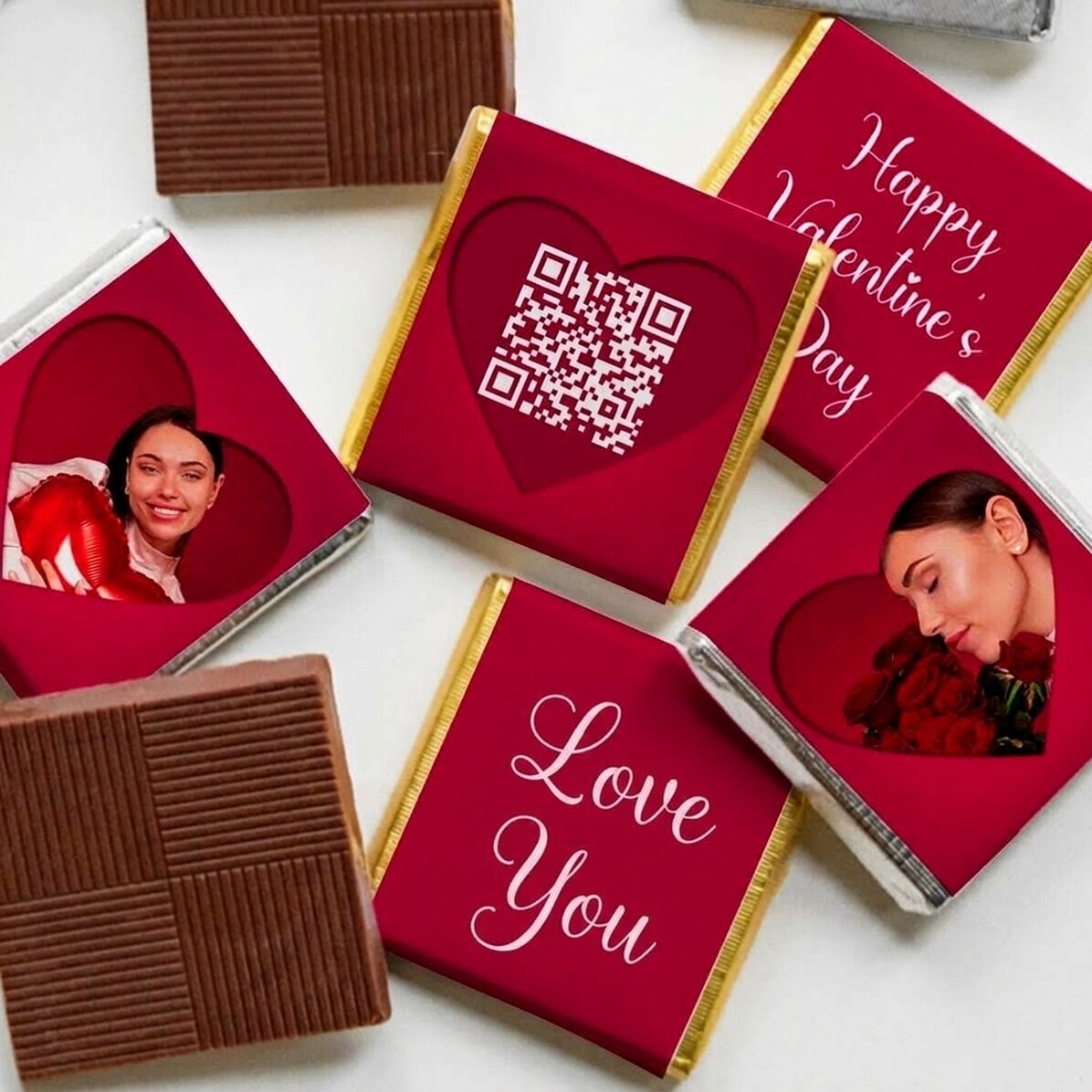 Set di 5 mini cioccolatini personalizzati con foto, codice QR e testo - Love