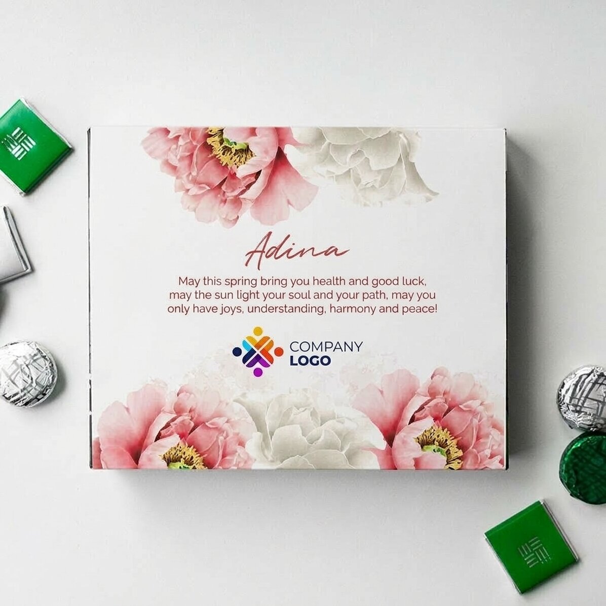 Scatola di cioccolatini personalizzata con logo e messaggio - Bella primavera
