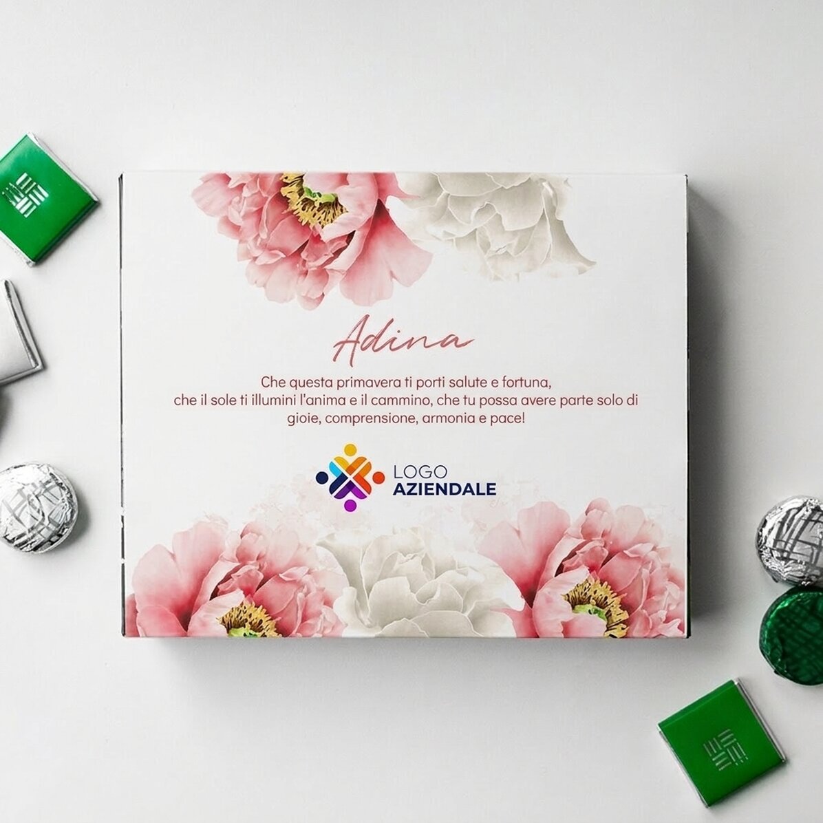 Scatola di cioccolatini personalizzata con logo e messaggio - Bella primavera