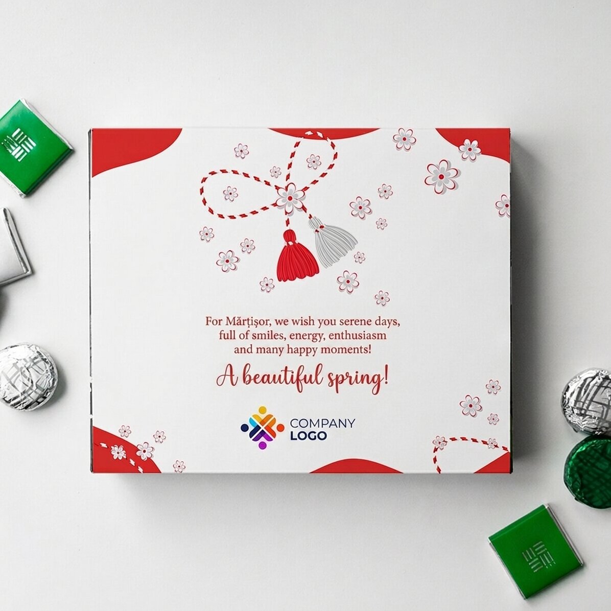 Scatola di cioccolatini personalizzata con logo e messaggio