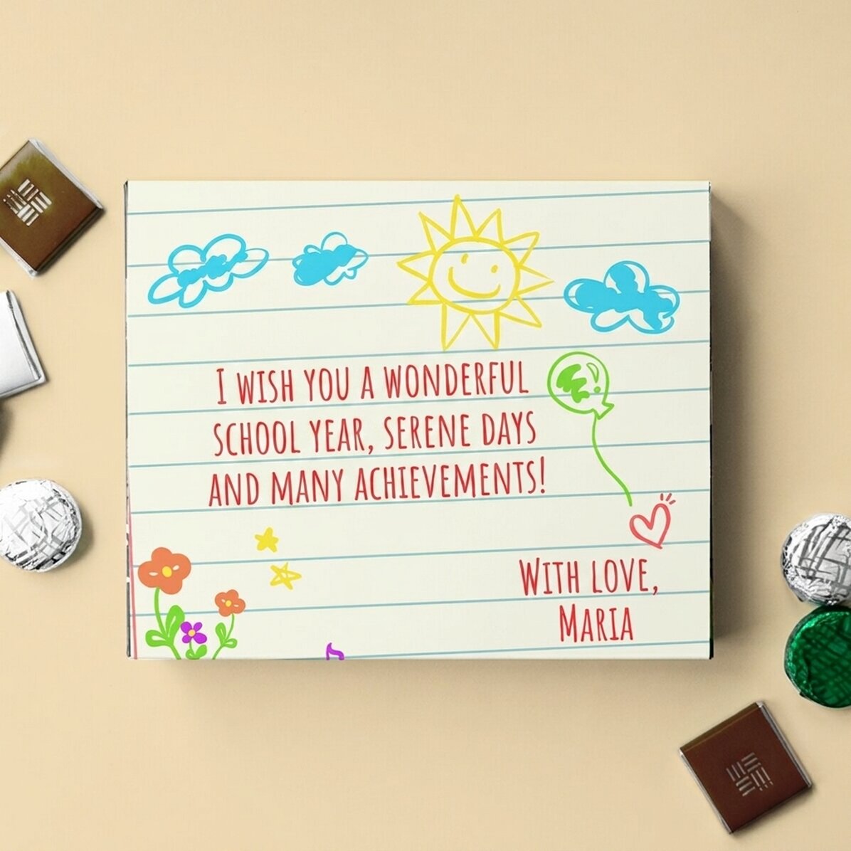 Scatola di caramelle personalizzata con una dedica per la maestra d
