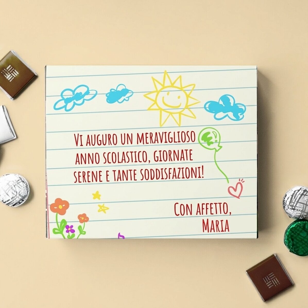 Scatola di caramelle personalizzata con una dedica per la maestra d