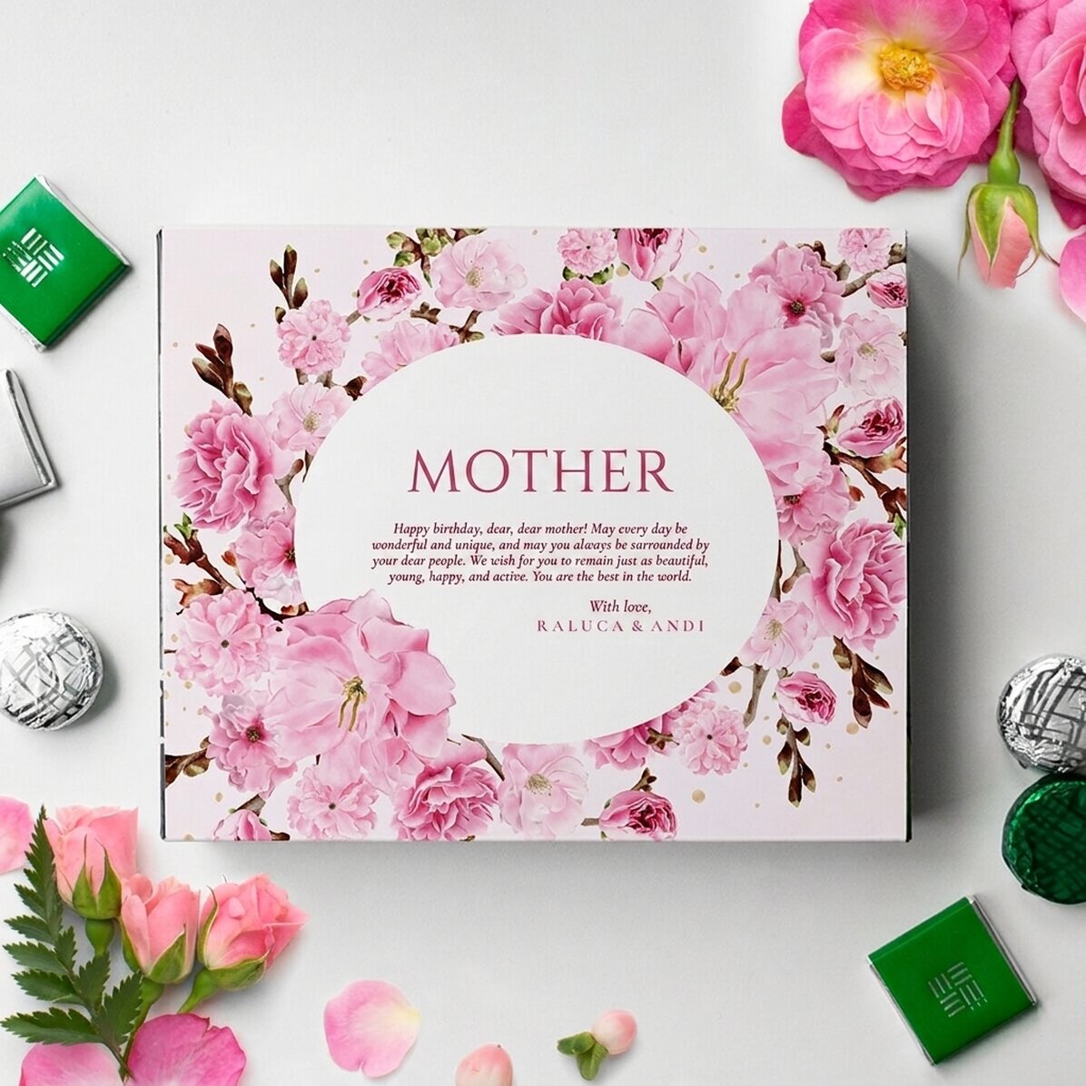 Scatola di cioccolatini personalizzata con una dedica per la mamma