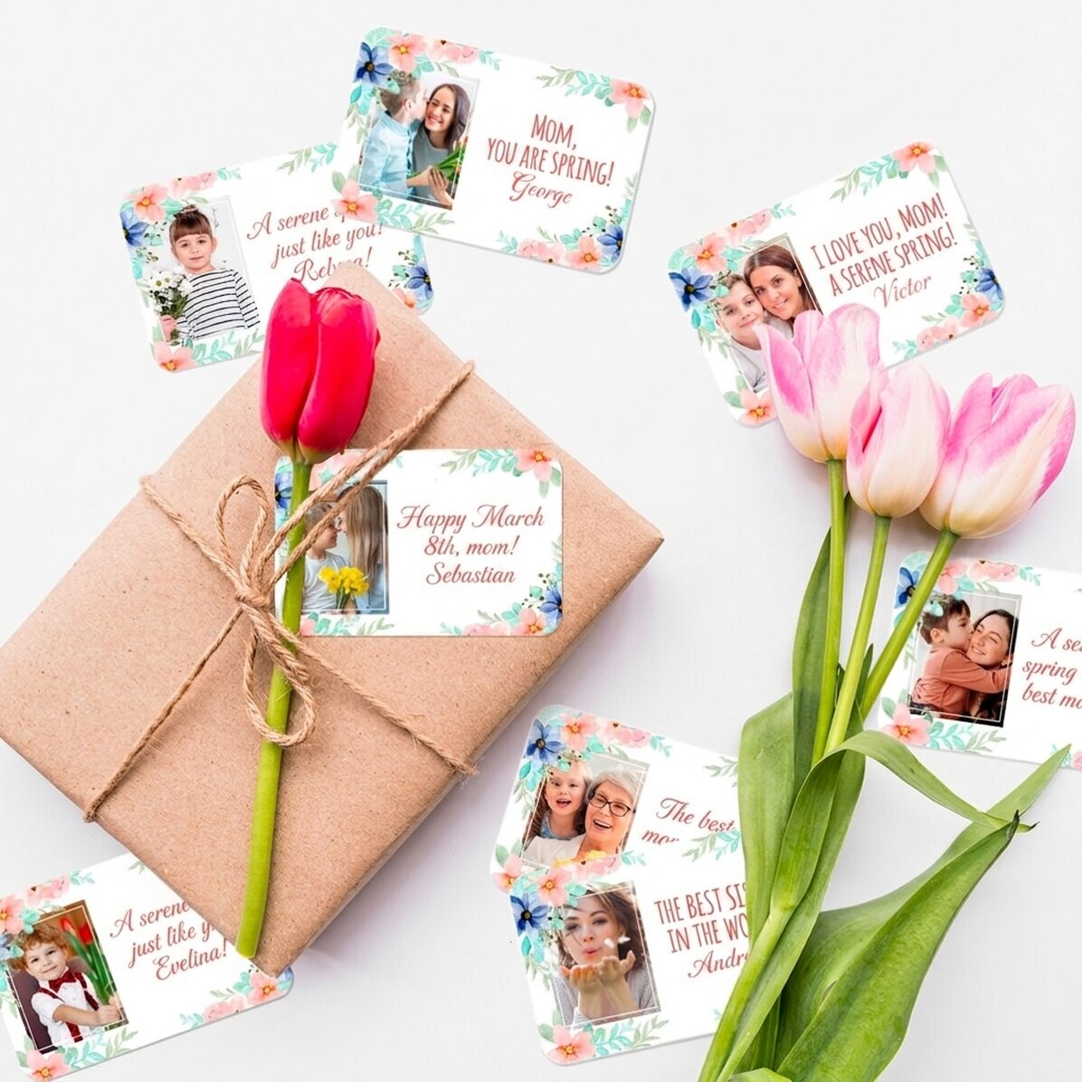 Set di 8 adesivi (etichette autoadesive) personalizzati con foto e messaggio - Primavera