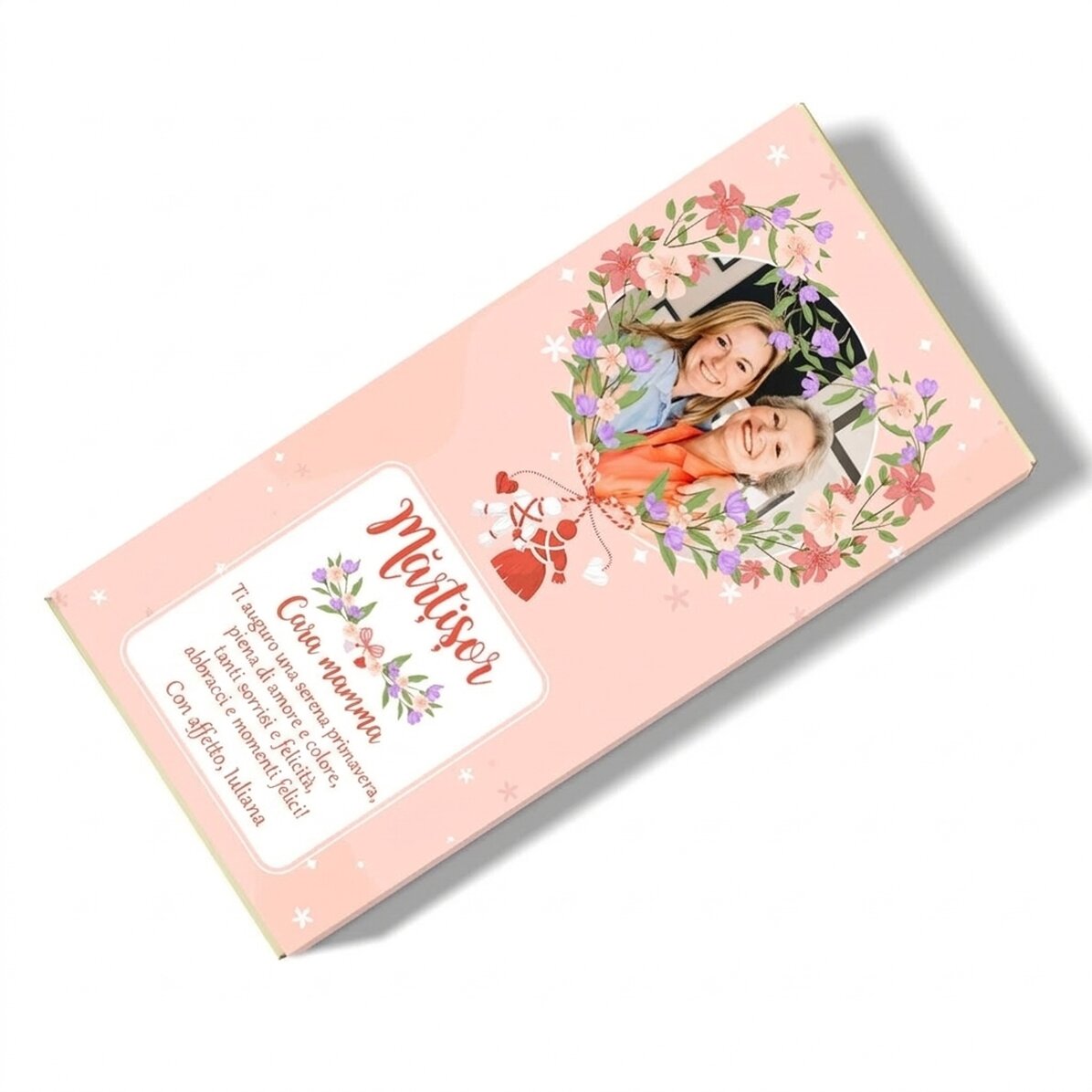 Cioccolato personalizzato con foto e messaggio floreale