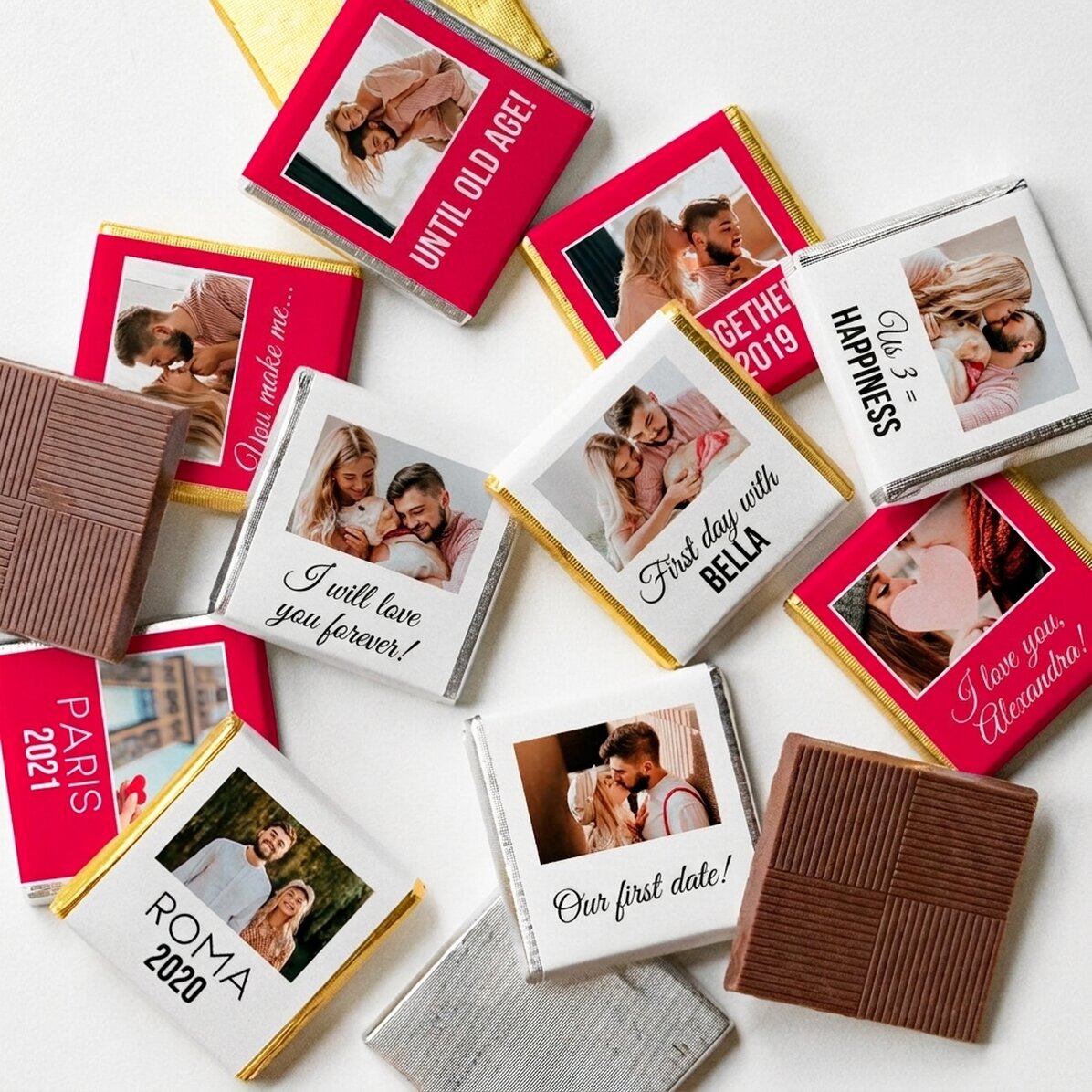 Set di 10 mini cioccolatini personalizzati con foto e testo