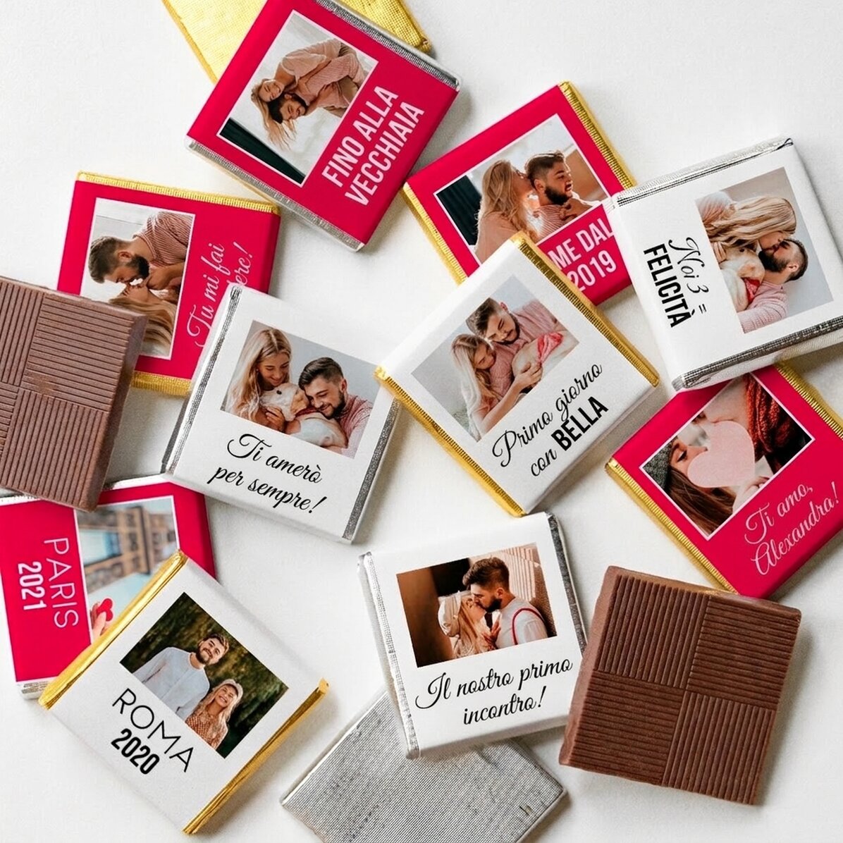 Set di 10 mini cioccolatini personalizzati con foto e testo