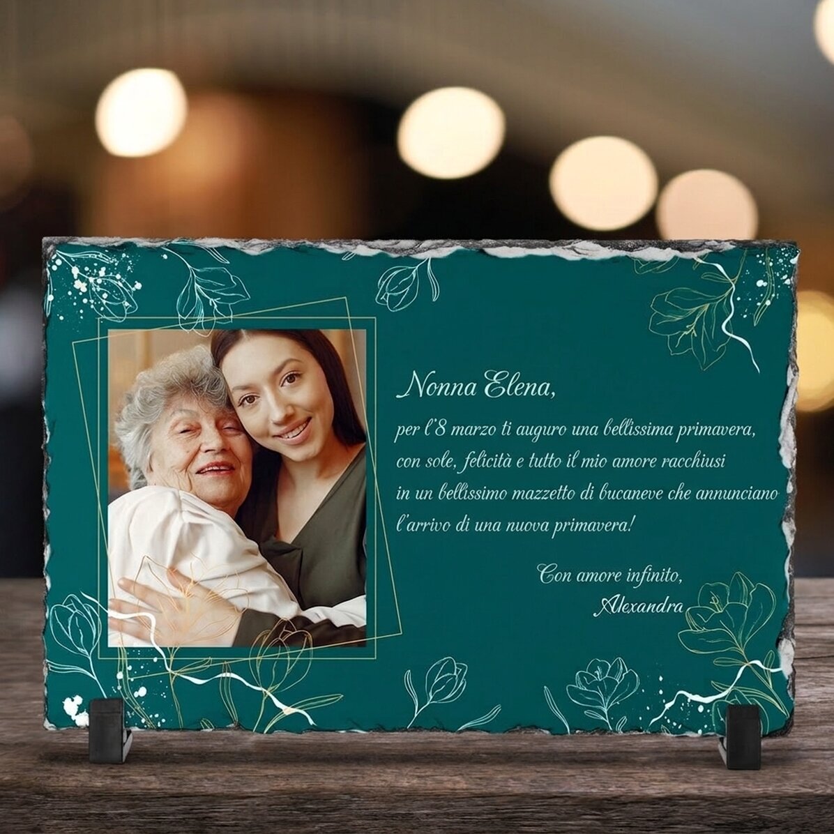 Tavola di ardesia personalizzata con una foto e un messaggio - Flowers