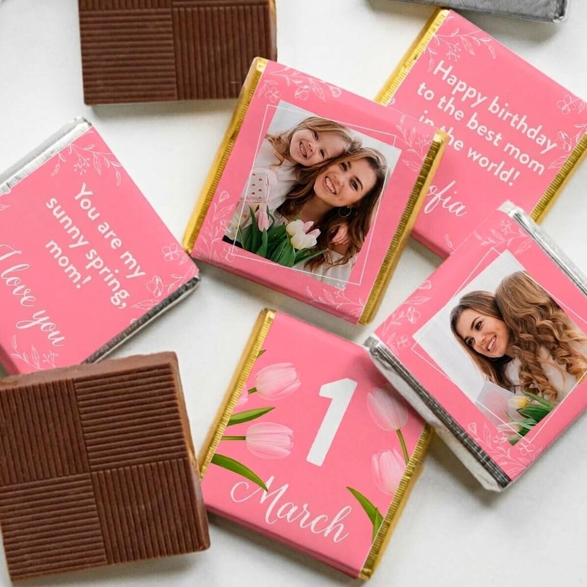 Set di 5 mini cioccolatini personalizzati con foto e testo - Mamma