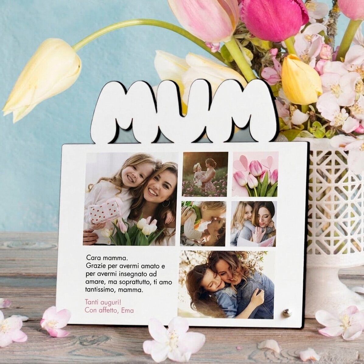 Cornice da scrivania personalizzata con 6 foto e un messaggio per la mamma - modello MUM