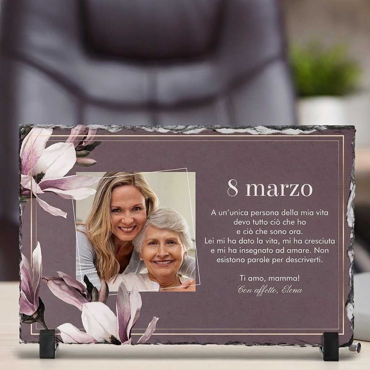 Tavola di ardesia personalizzata con una foto e un messaggio - 8 marzo