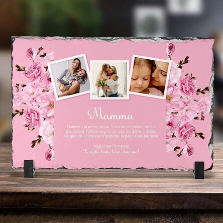 Tavola di ardesia personalizzata con 3 foto e un messaggio per la mamma