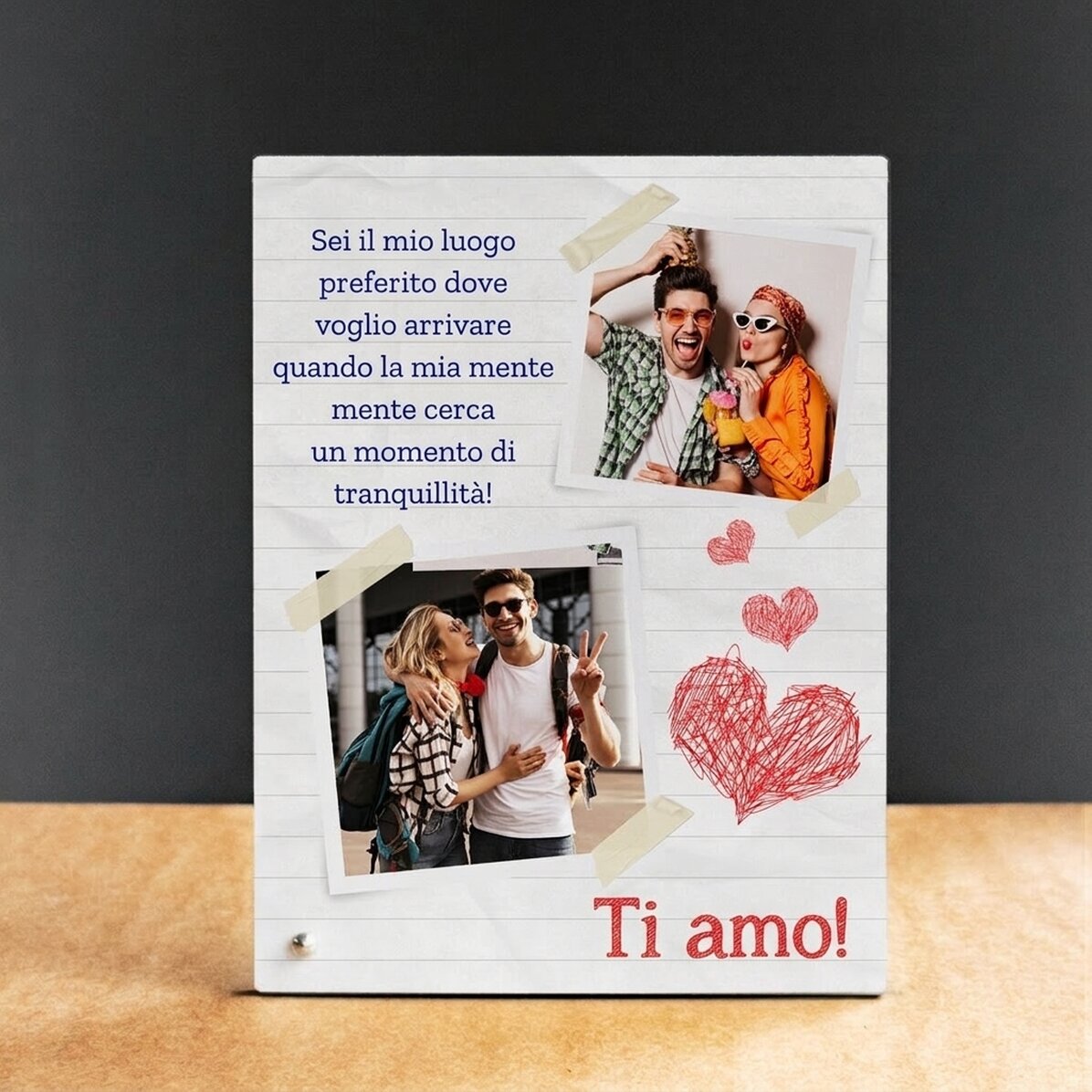 Cornice da scrivania personalizzata con 2 foto e una scritta - Ti amo!
