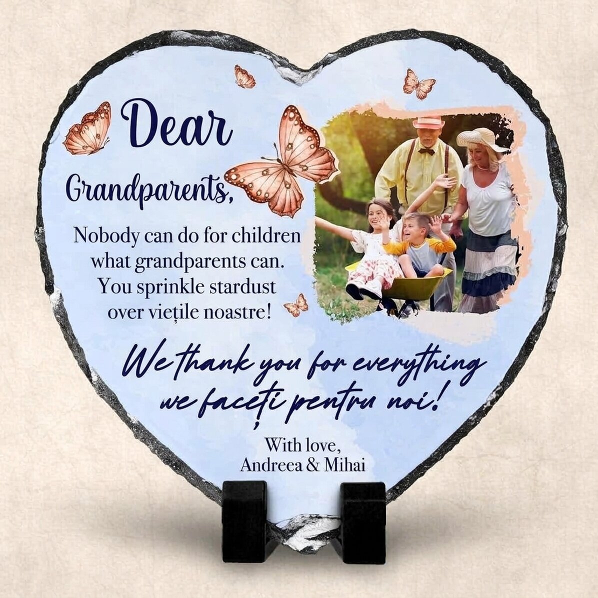 Ardesia a forma di cuore personalizzata con messaggio e foto per i nonni