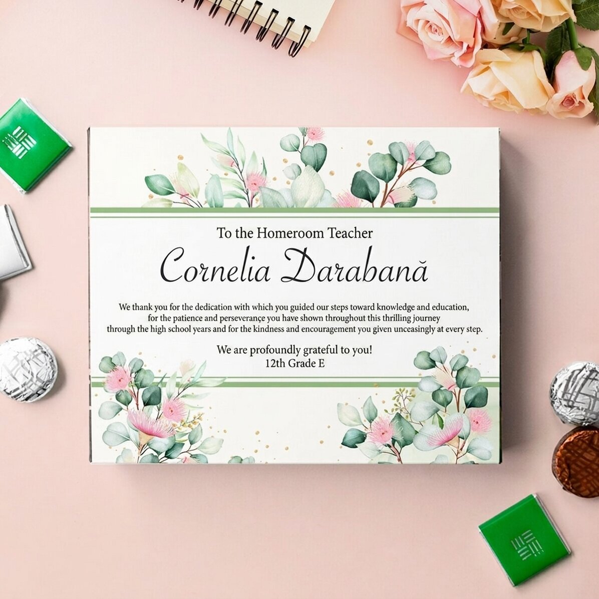 Scatola di cioccolatini personalizzata con un messaggio di ringraziamento per la professoressa respo
