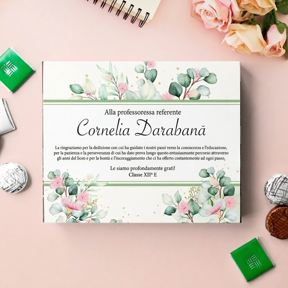 Scatola di cioccolatini personalizzata con un messaggio di ringraziamento per la professoressa respo