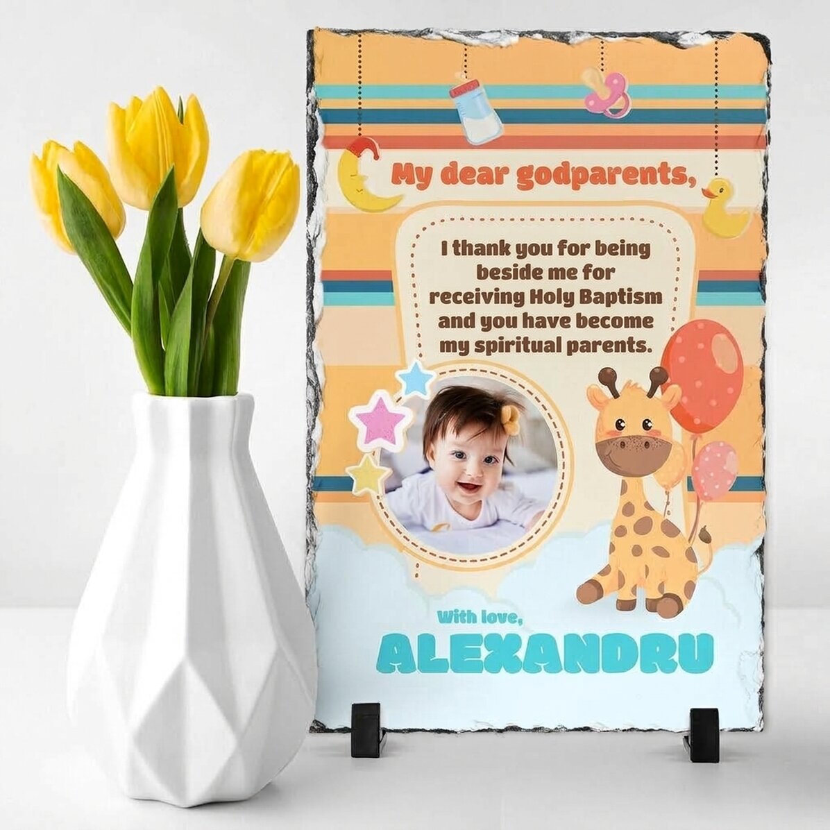 Tavola di ardesia personalizzata con una foto e un messaggio per i padrini di battesimo - Grazie
