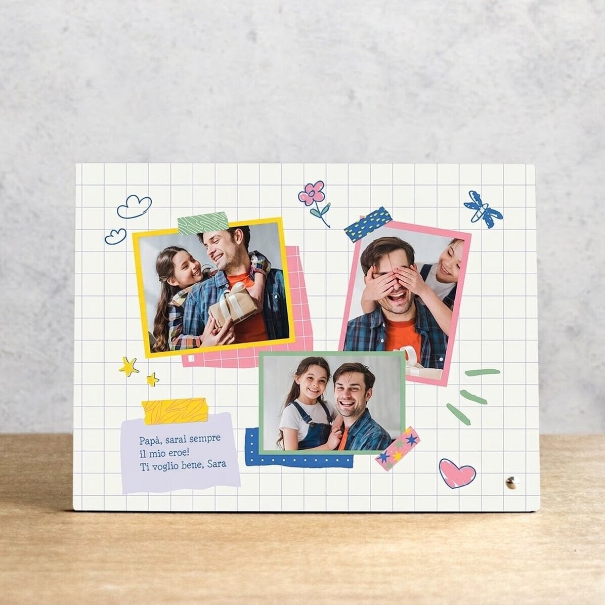 Cornice da scrivania personalizzata con 3 foto e un messaggio - Papà, il mio eroe
