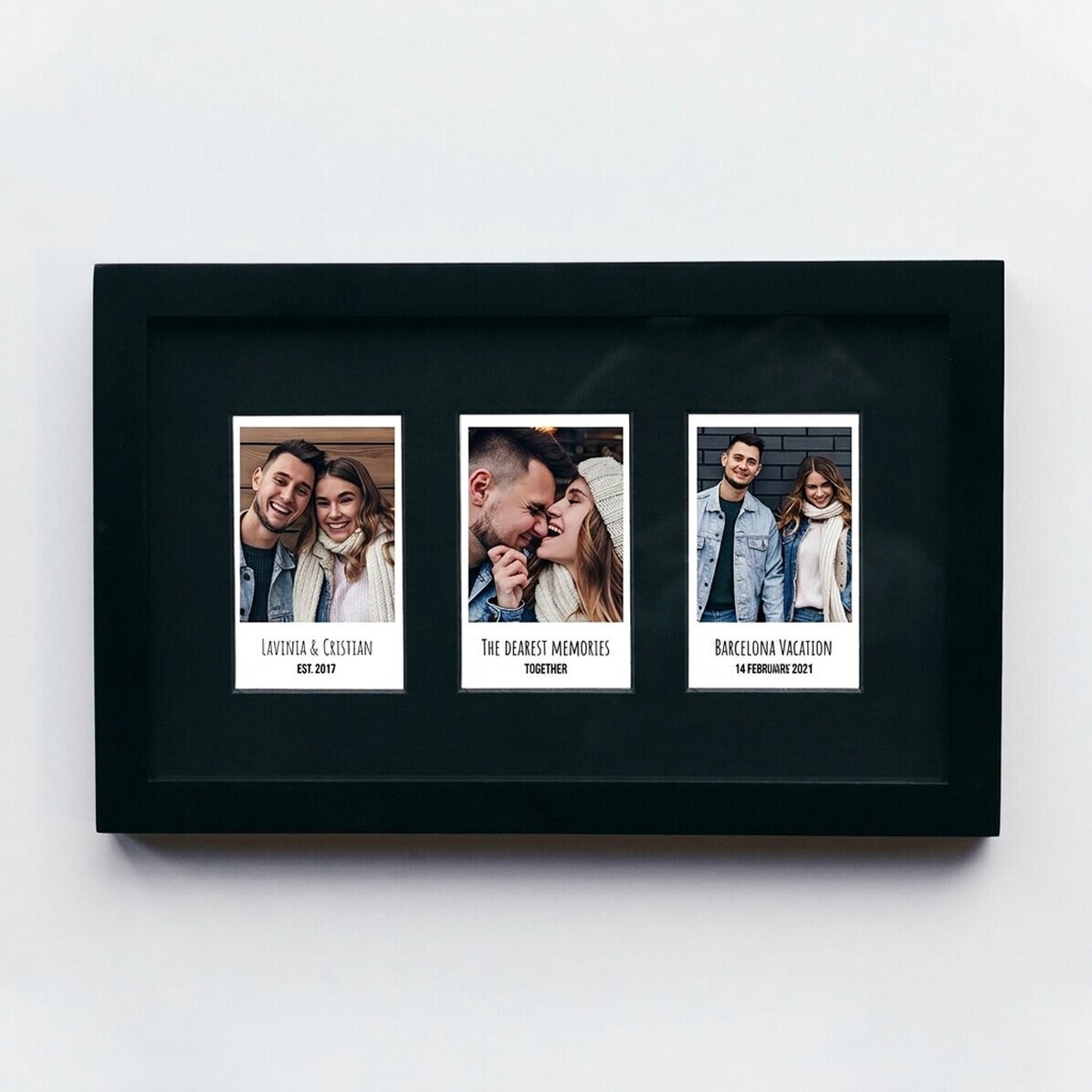 Quadro personalizzato con 3 foto in stile Polaroid e testo