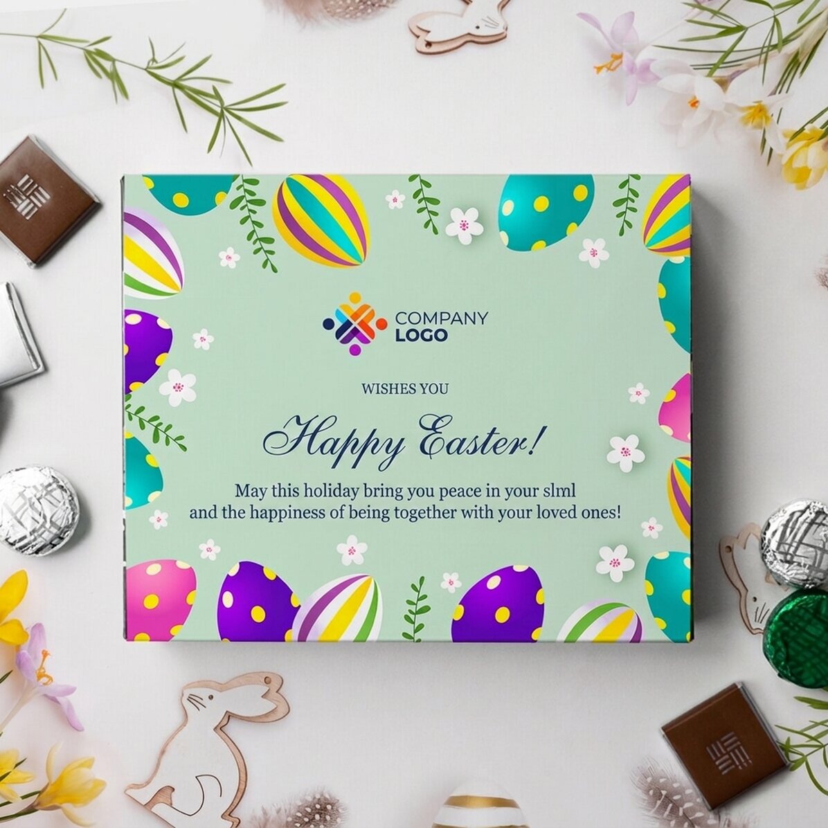Scatola di cioccolatini personalizzata con logo e messaggio - Buona Pasqua!
