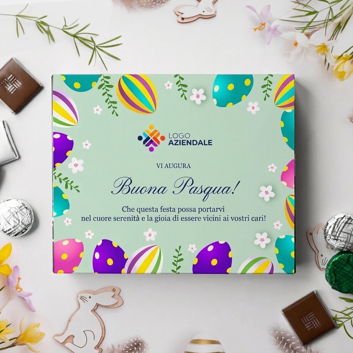 Scatola di cioccolatini personalizzata con logo e messaggio - Buona Pasqua!