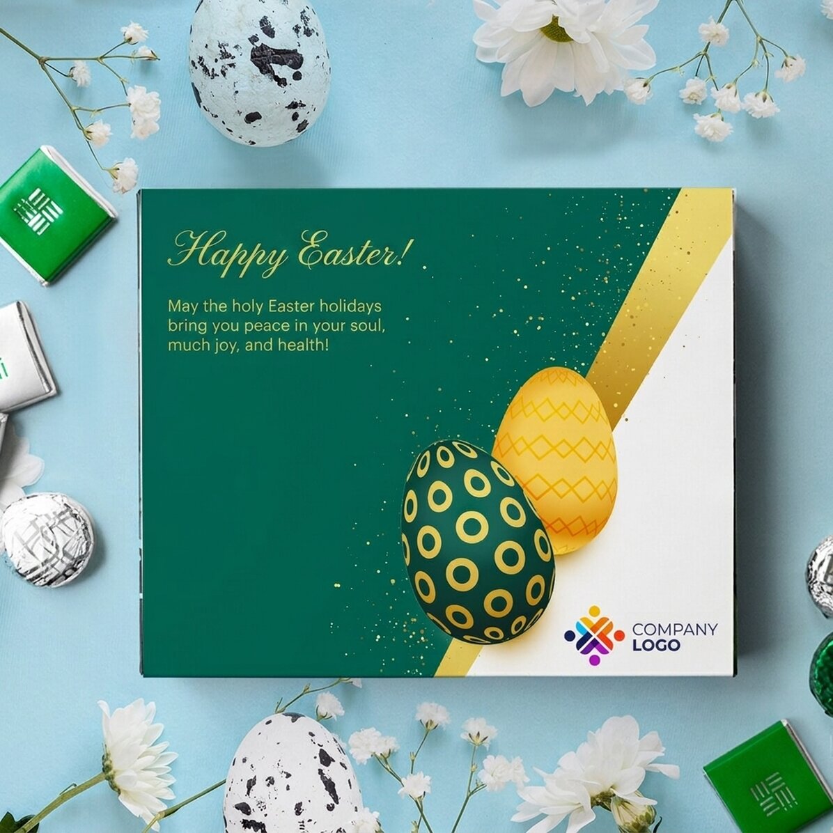 Scatola di cioccolatini personalizzata con logo e messaggio - Pasqua