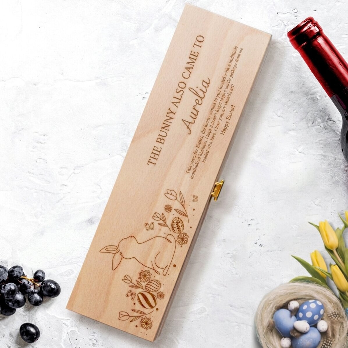 Scatola di vino personalizzata con messaggio per Pasqua - Coniglietto con fiori