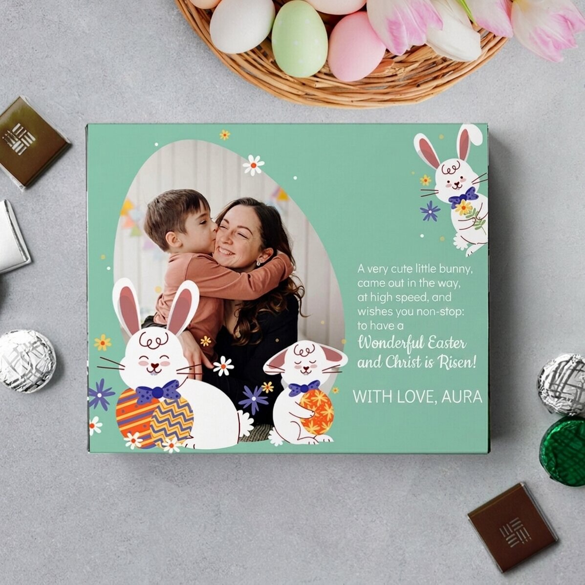 Scatola di cioccolatini personalizzata con una foto e un messaggio - Coniglietto