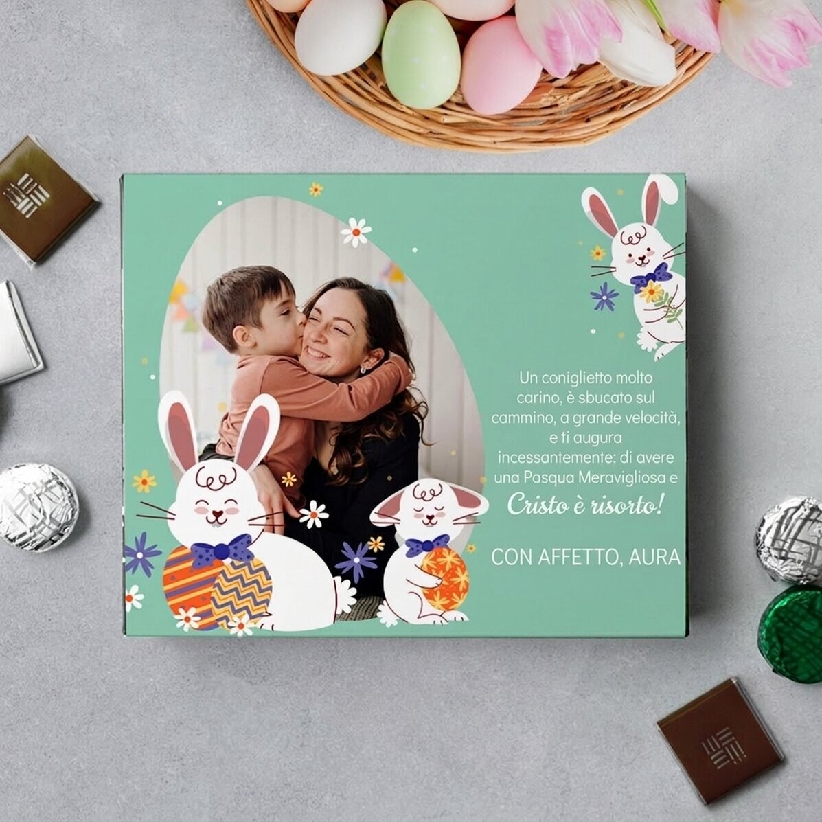 Scatola di cioccolatini personalizzata con una foto e un messaggio - Coniglietto
