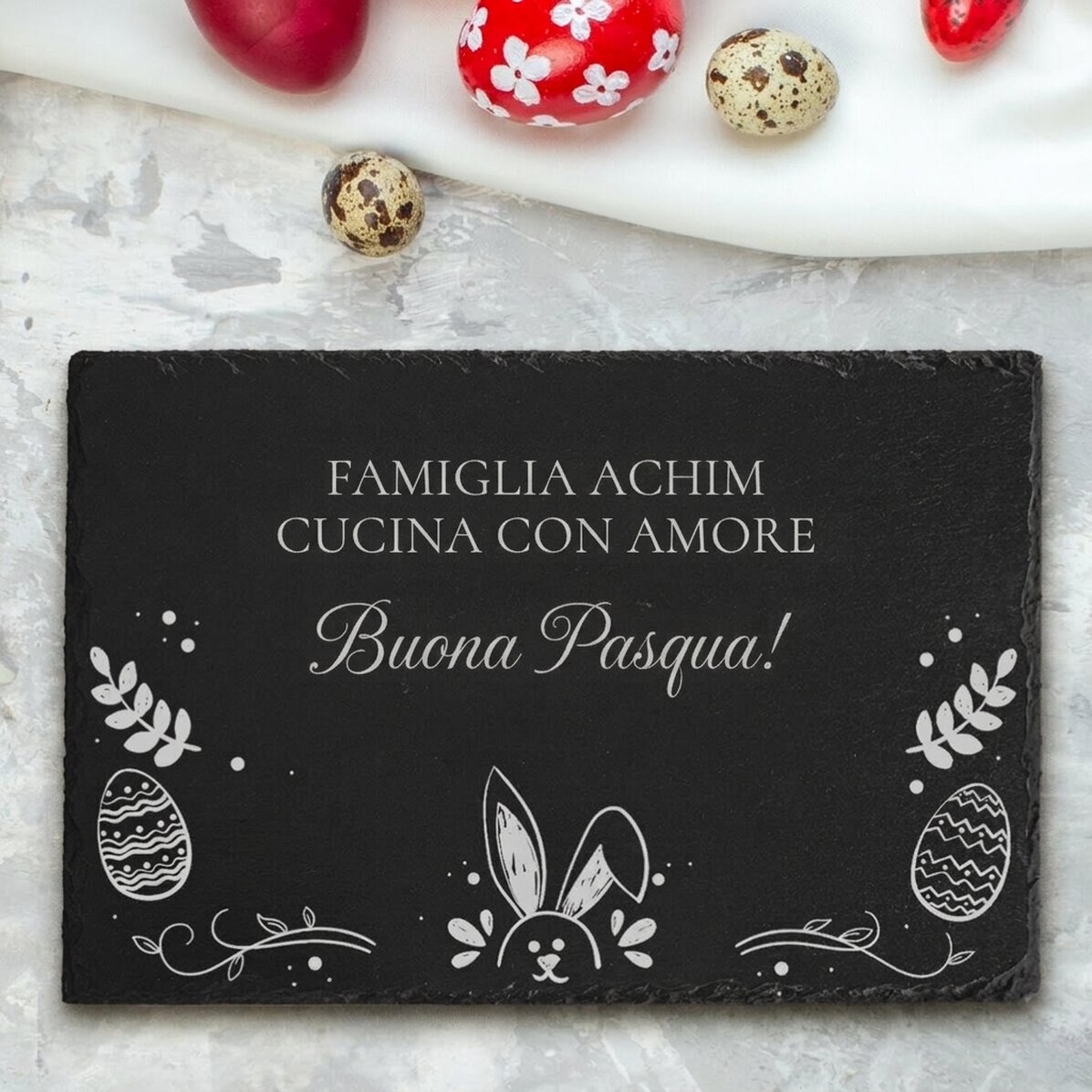 Tavola di ardesia incisa con testo personalizzato - Pasqua