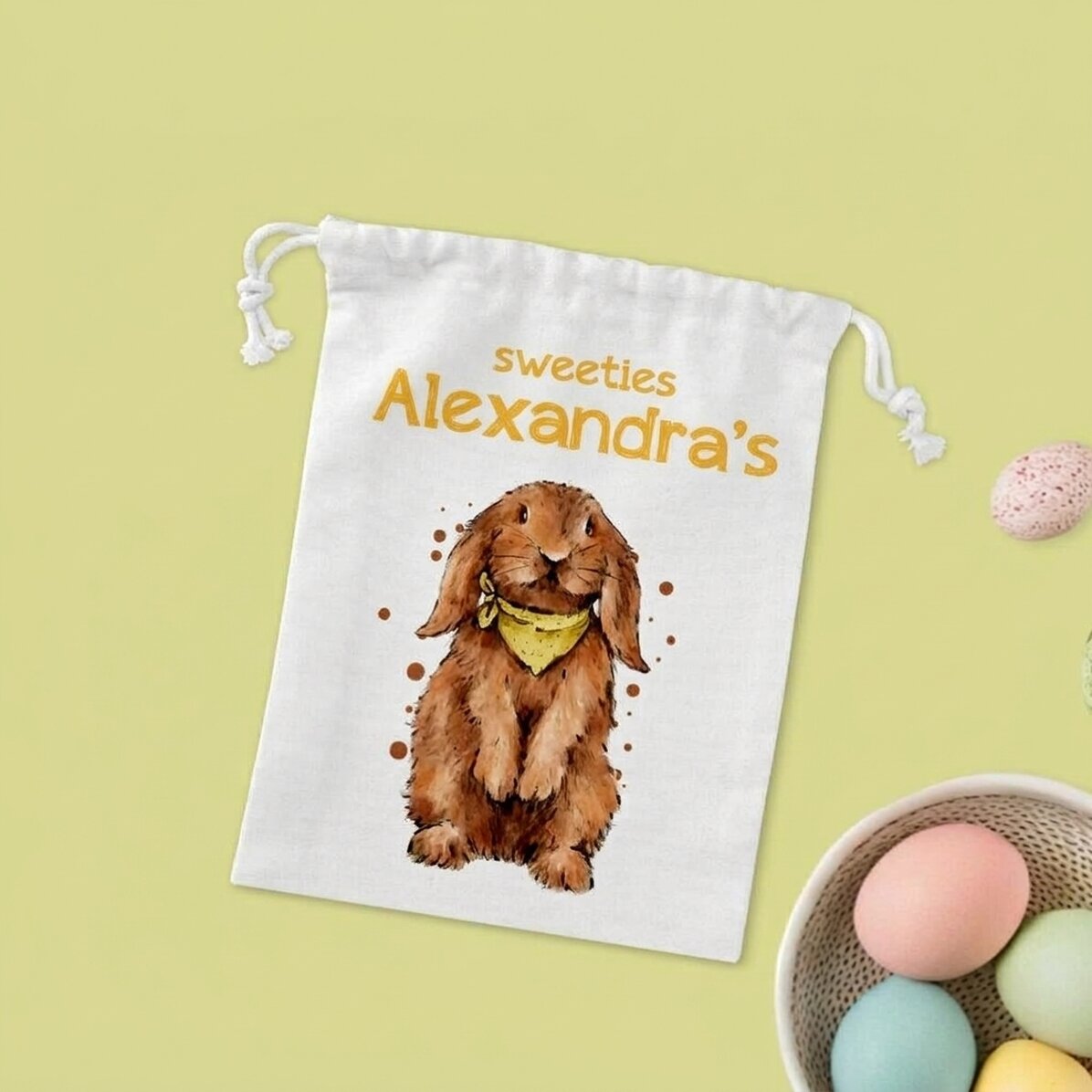 Piccolo sacchetto regalo personalizzato con scritta - Coniglietto con dolciumi