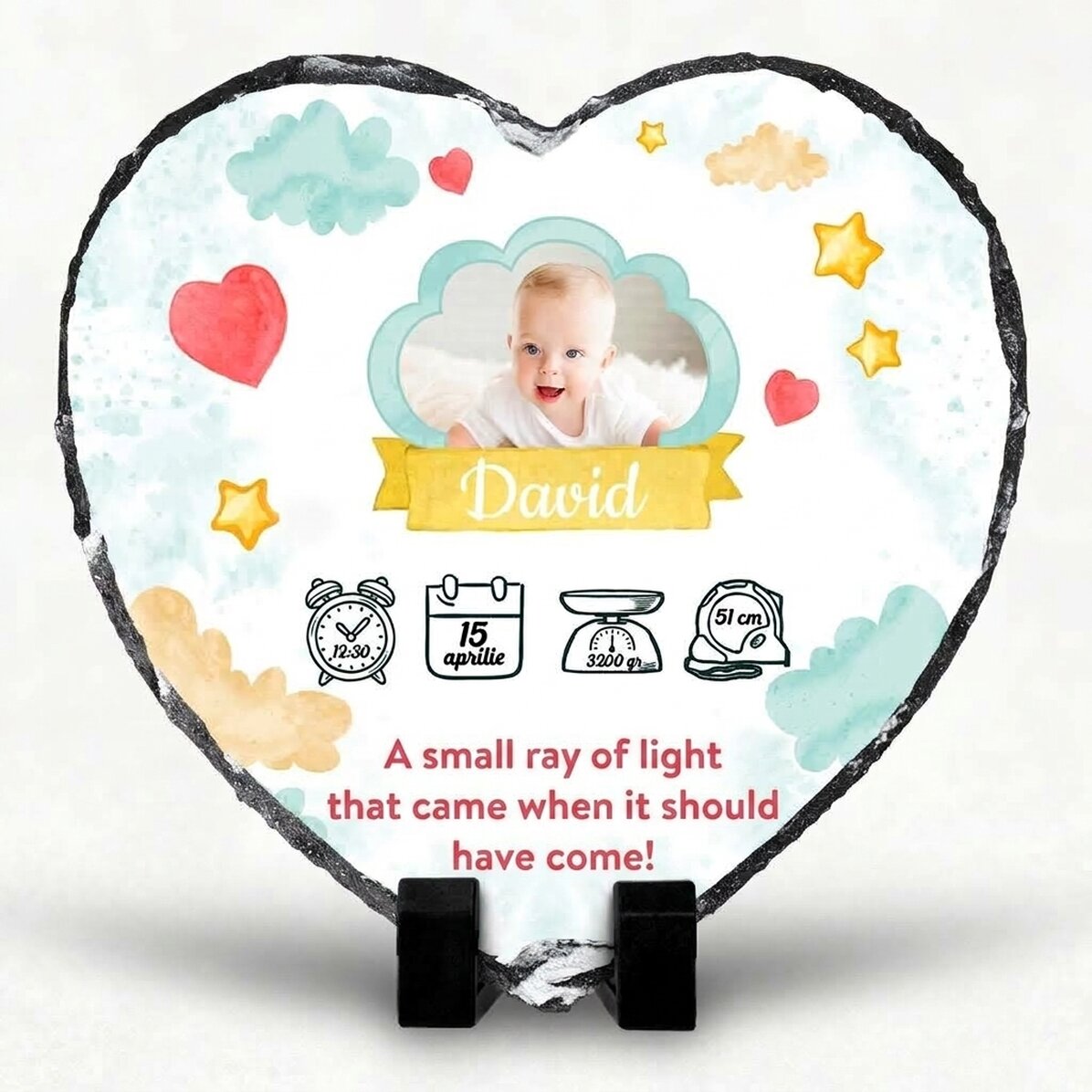 Ardesia a forma di cuore personalizzata con messaggio e foto - Raggio di luce