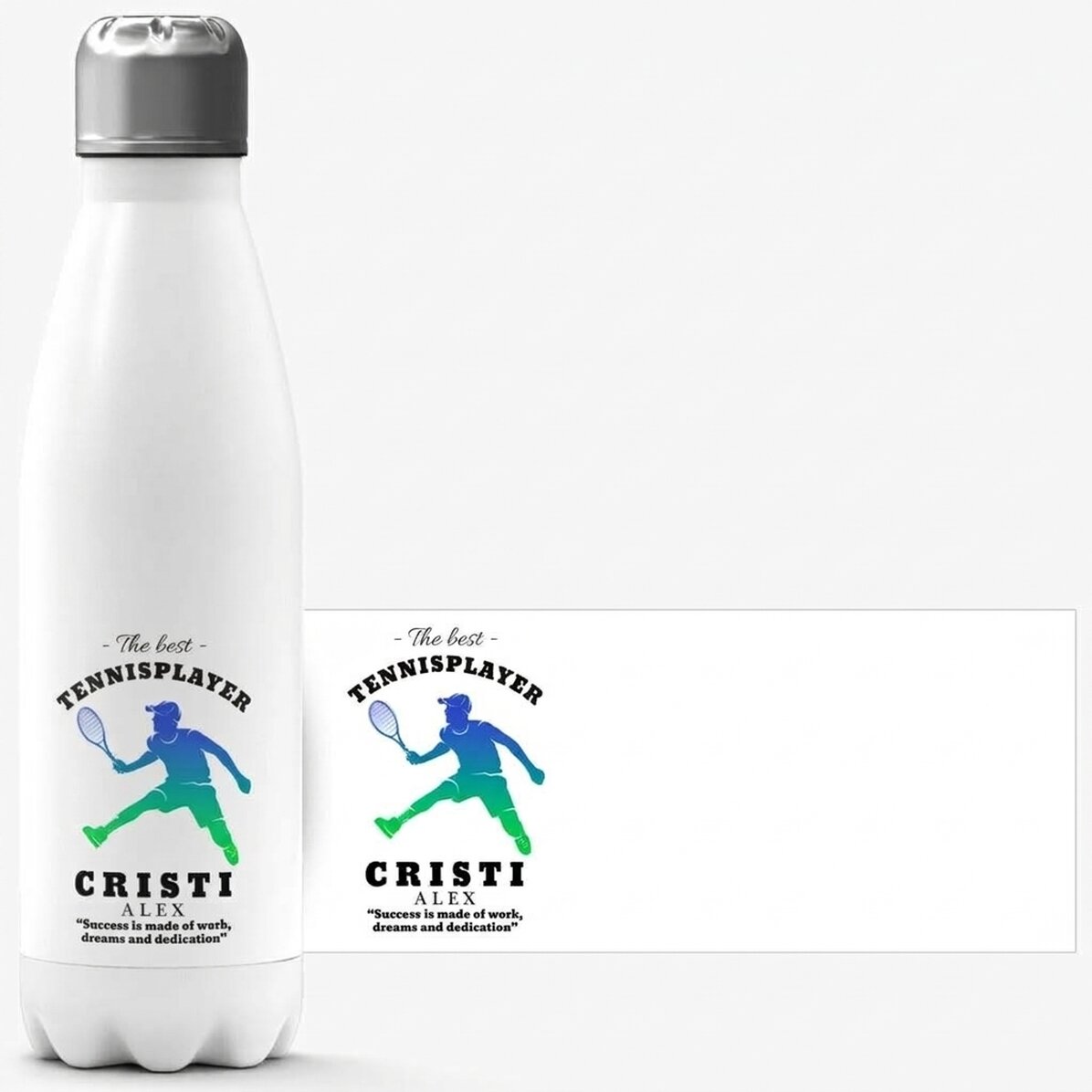 Thermos con base bianca personalizzato con nome e testo - Giocatore di tennis
