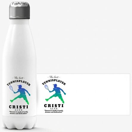 Thermos con base bianca personalizzato con nome e testo - Giocatore di tennis