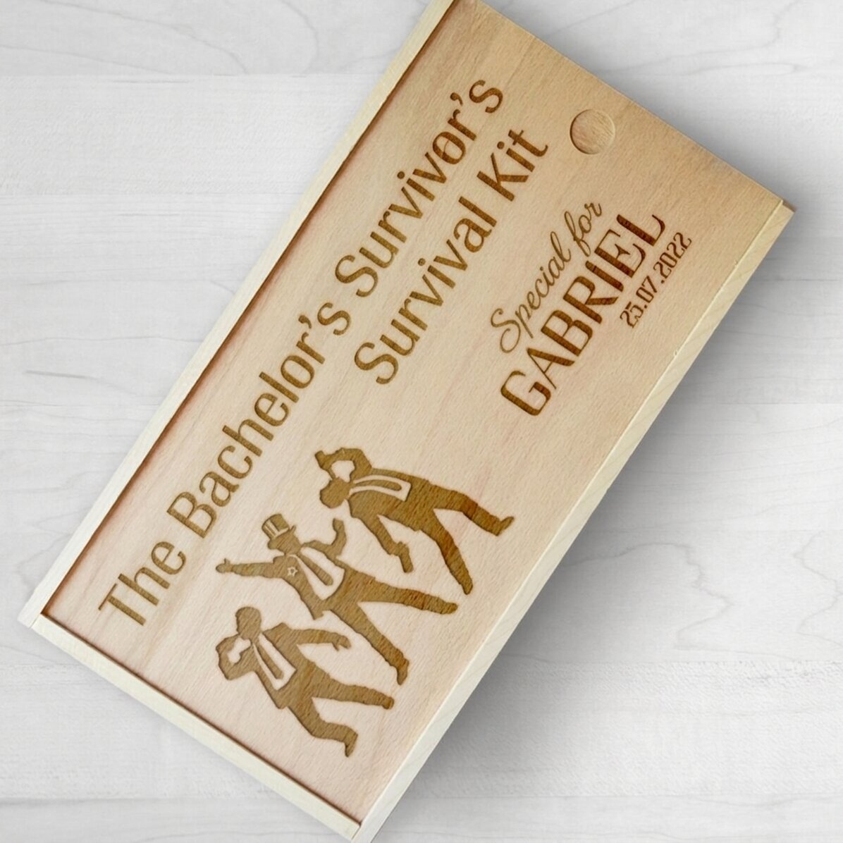 Scatola regalo personalizzata in legno con messaggio - Kit di sopravvivenza per l