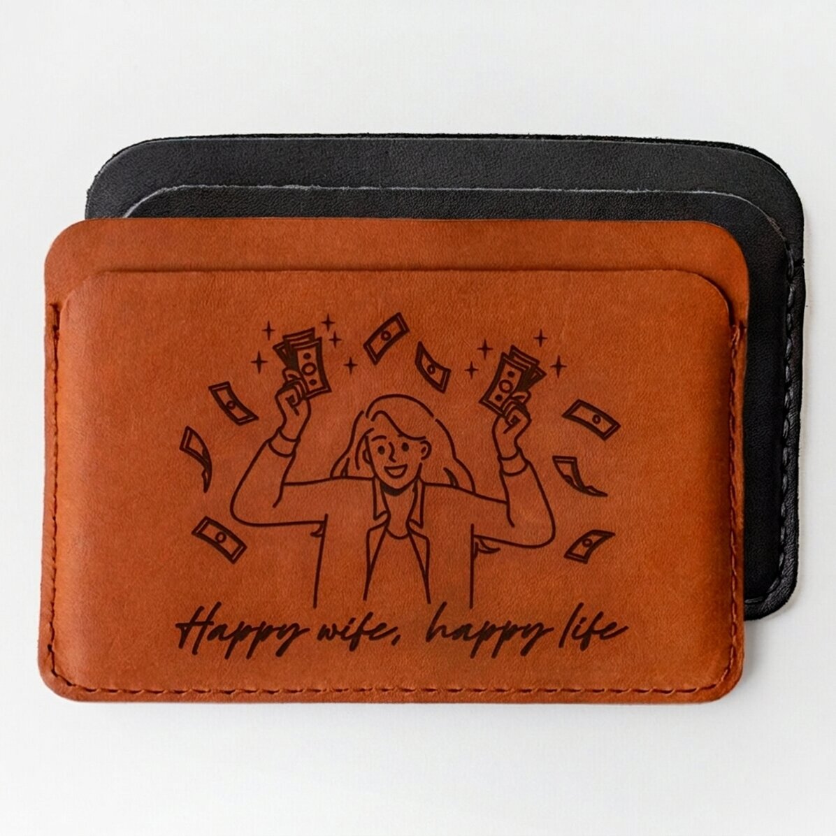 Portafoglio in pelle personalizzato con la scritta "Happy wife, Happy life"