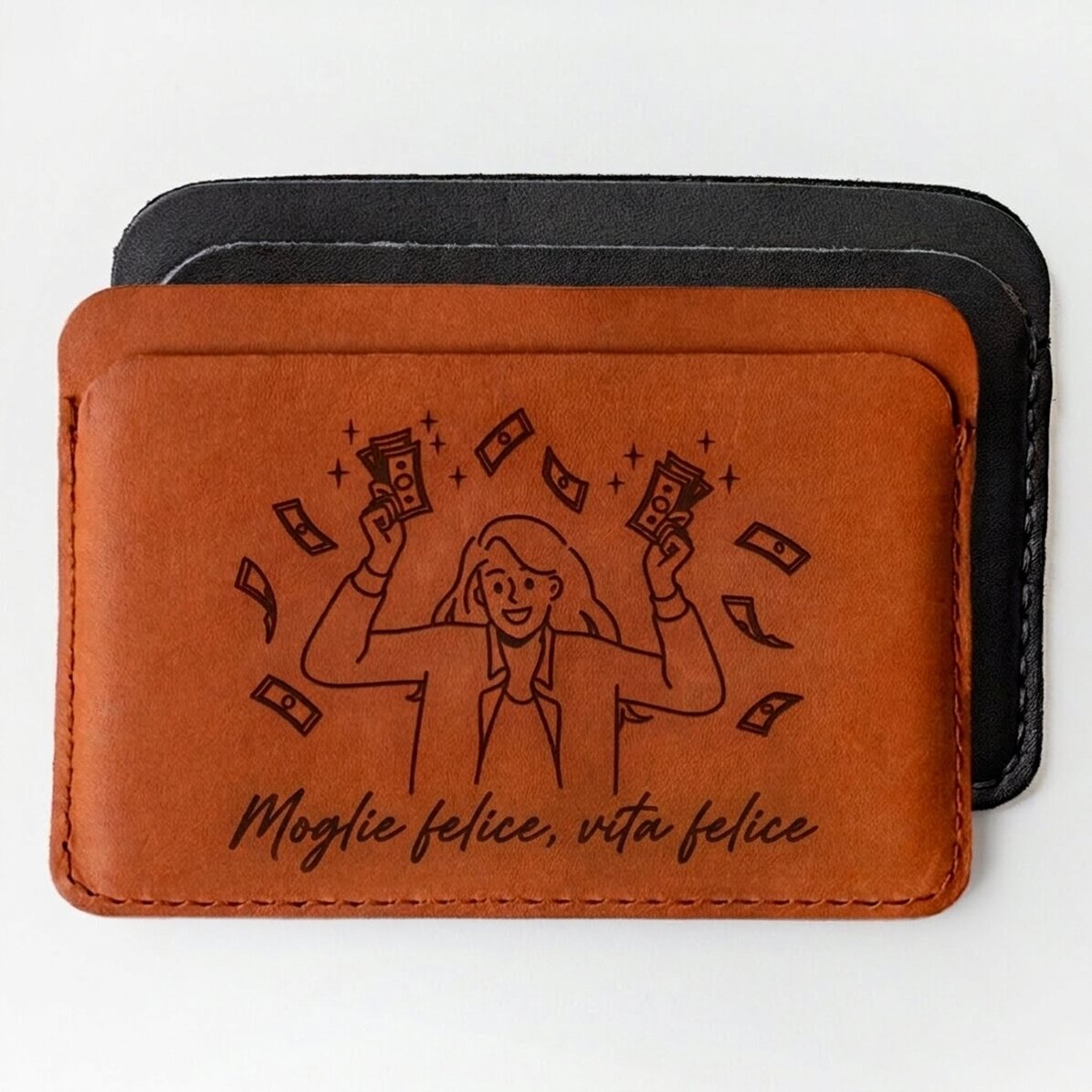 Portafoglio in pelle personalizzato con la scritta "Happy wife, Happy life"