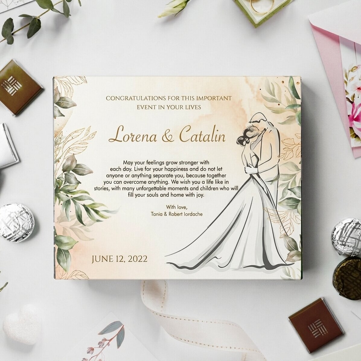 Scatola di cioccolatini personalizzata con messaggio di nozze
