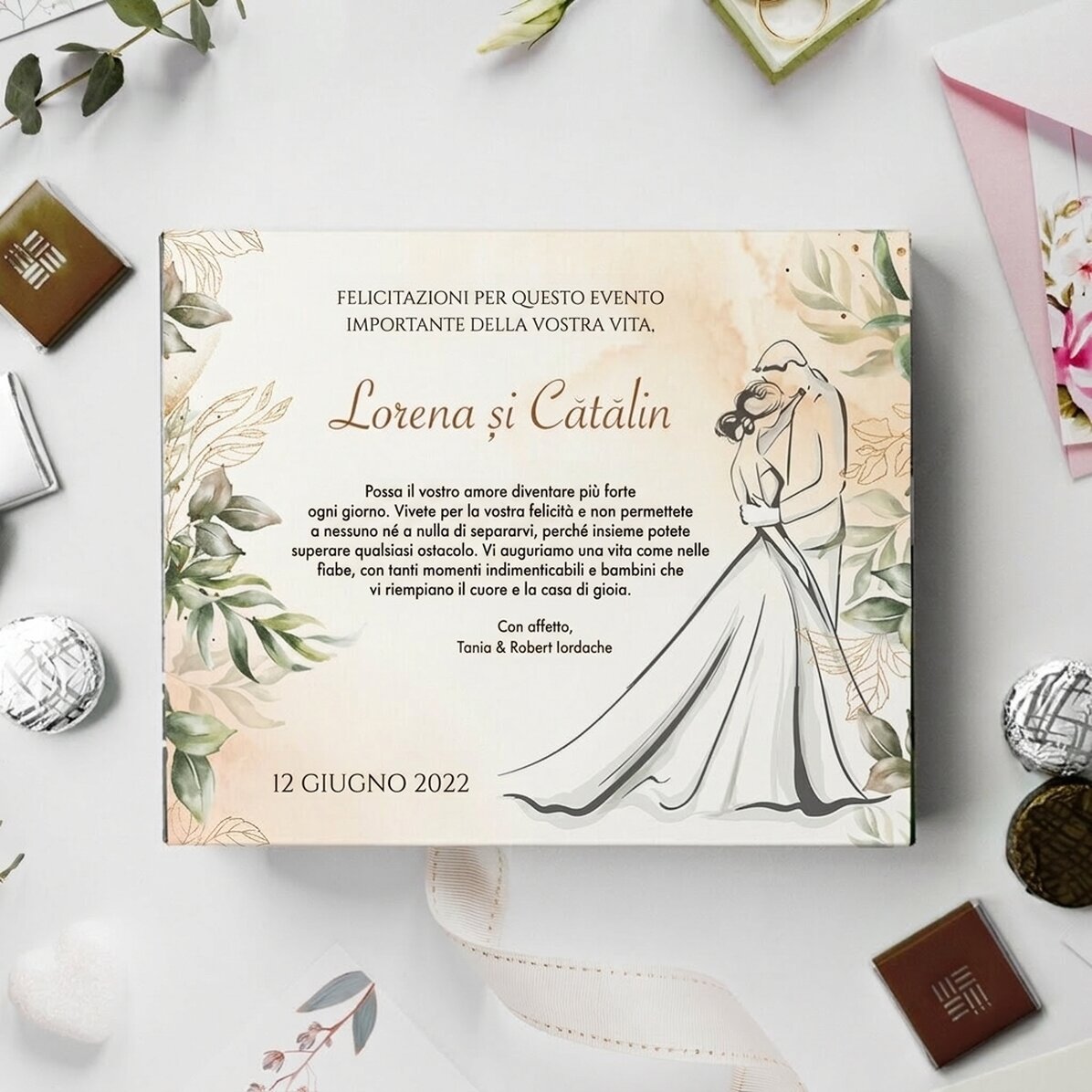 Scatola di cioccolatini personalizzata con messaggio di nozze
