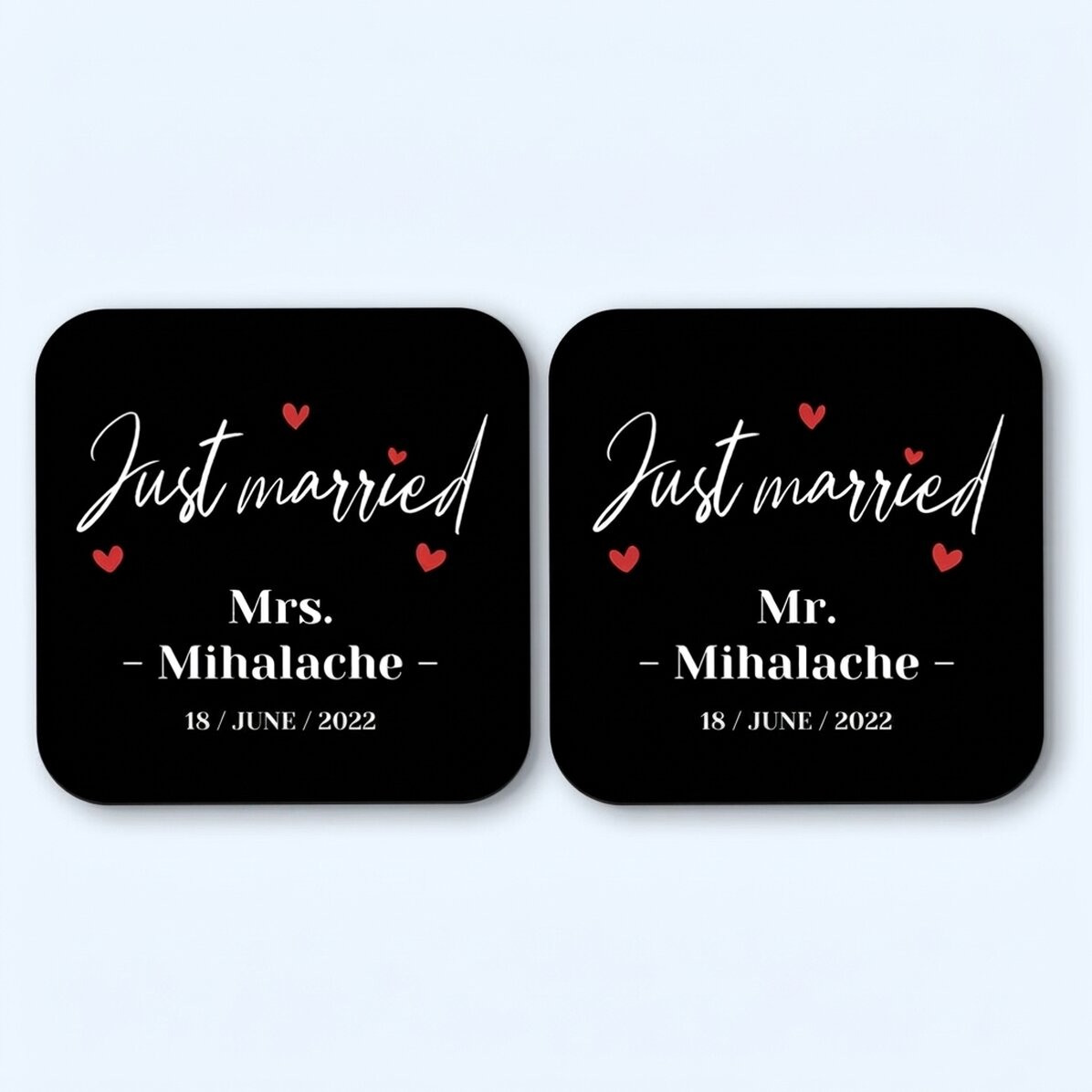 Set di 2 sottobicchieri personalizzati con la scritta "Just Married"